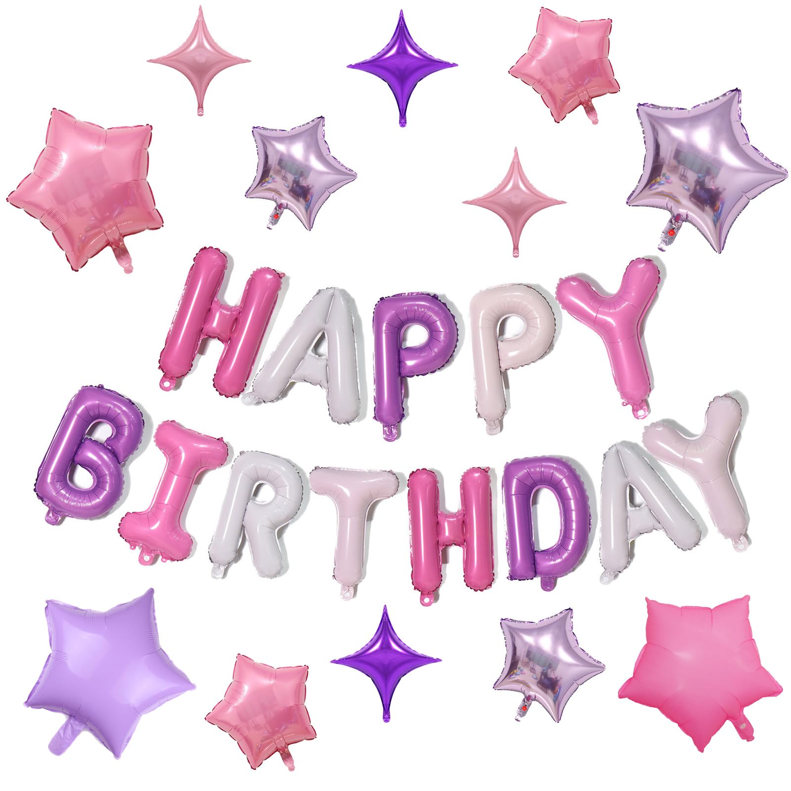 KALOR Purple and Pink Happy Birthday Balloons Kit with 16 Inch Mylar Foil Letters Balloon and Star Balloons for Birthday Party Decorations Photo Booth