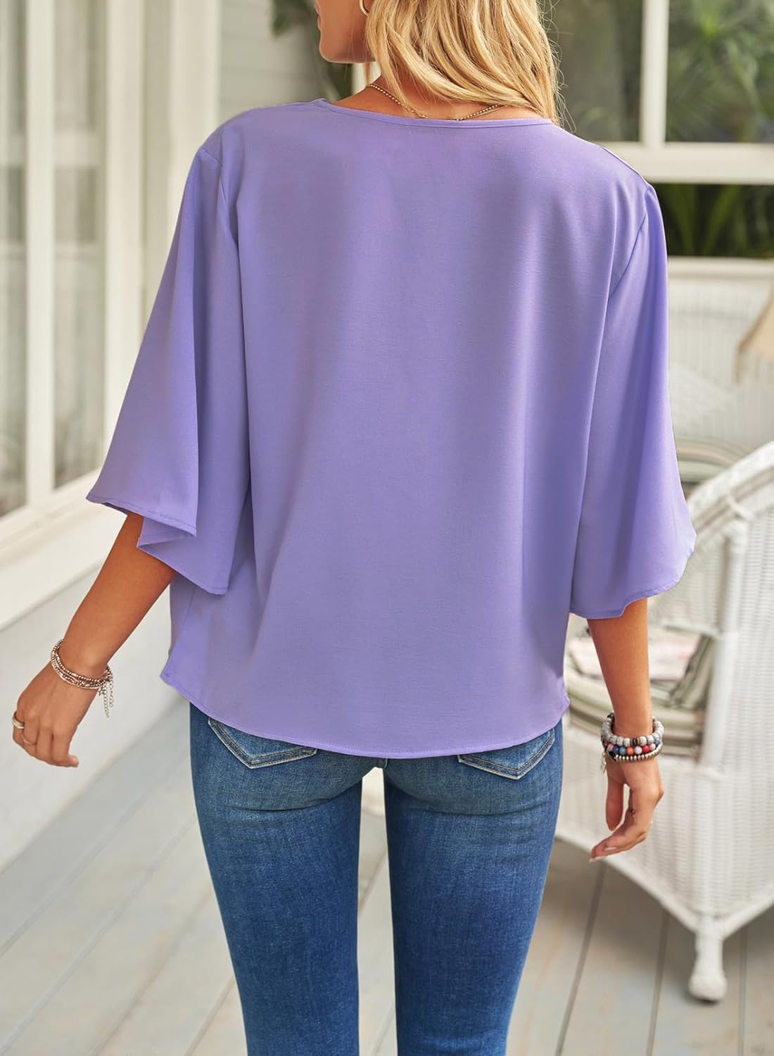 Dokotoo Womens 3/4 Sleeve V Neck Wrap Draped Front Blouses Tops - Image 5