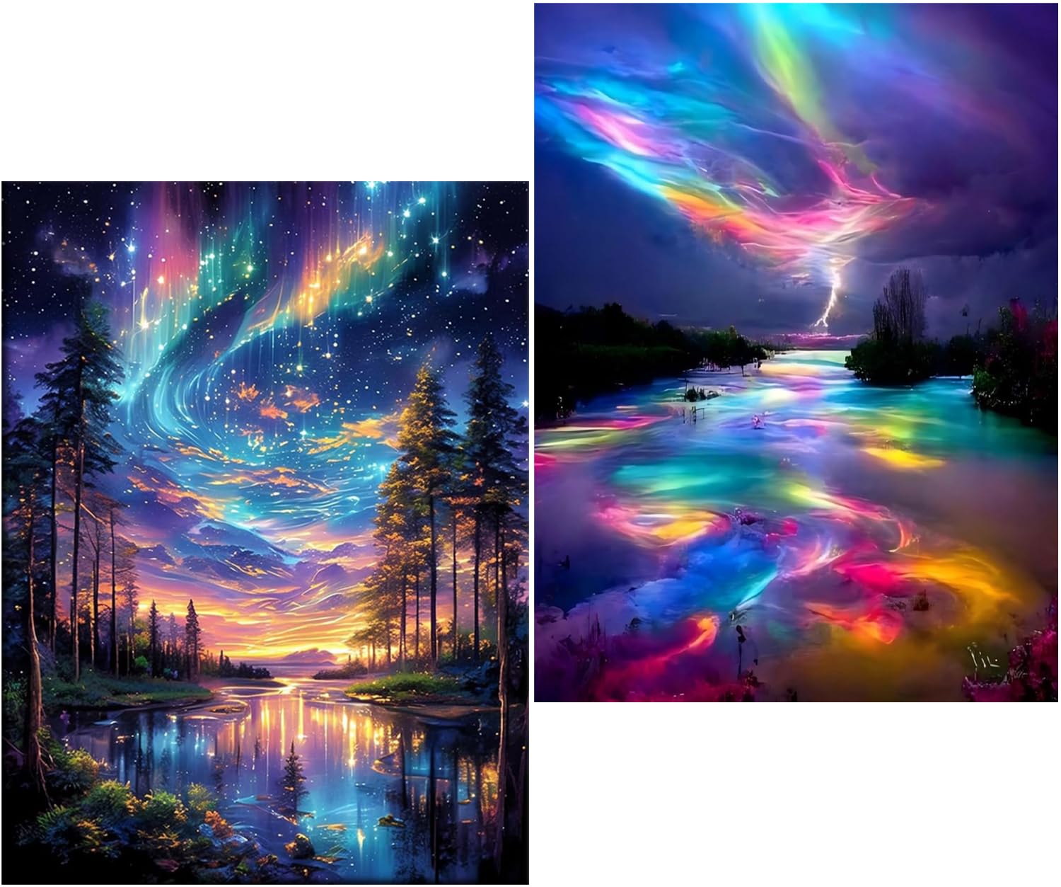 Amyaker ダイヤモンドアート キット 丸いビーズ 全面 2個セット ダイアモンドビーズ絵画キット DIY 手作り絵画 モザイクアート 5D モザイクアート ダイヤモンド塗装 全面貼り付けタイプ 30x40cm カラーオーロラ