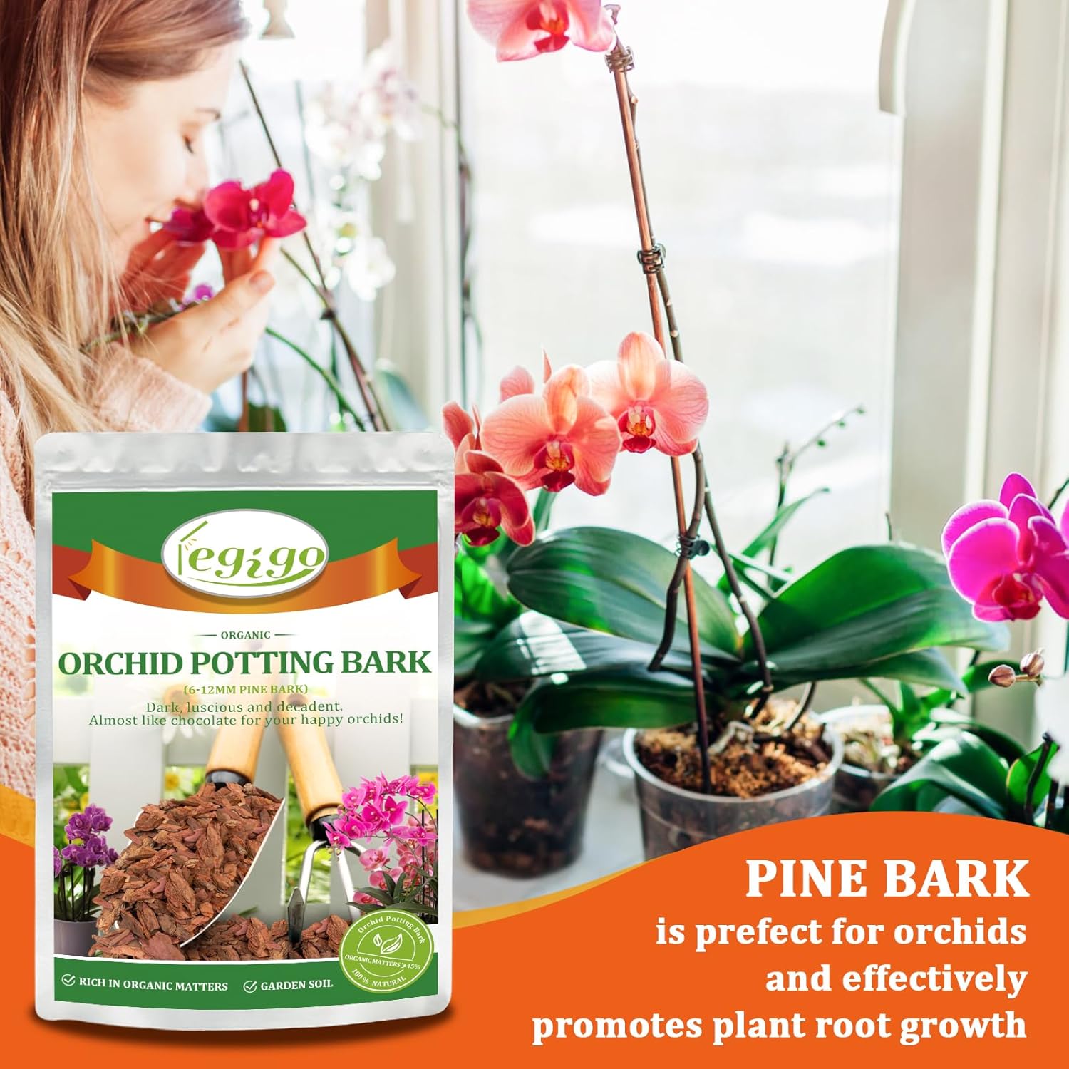 Legigo 10 Quarts Organic Orchid Potting Bark- All Natural Orchid Bark Potting Mix Pine Bark Wood Chips for Houseplant Mulch, Orchid Plants Root Development