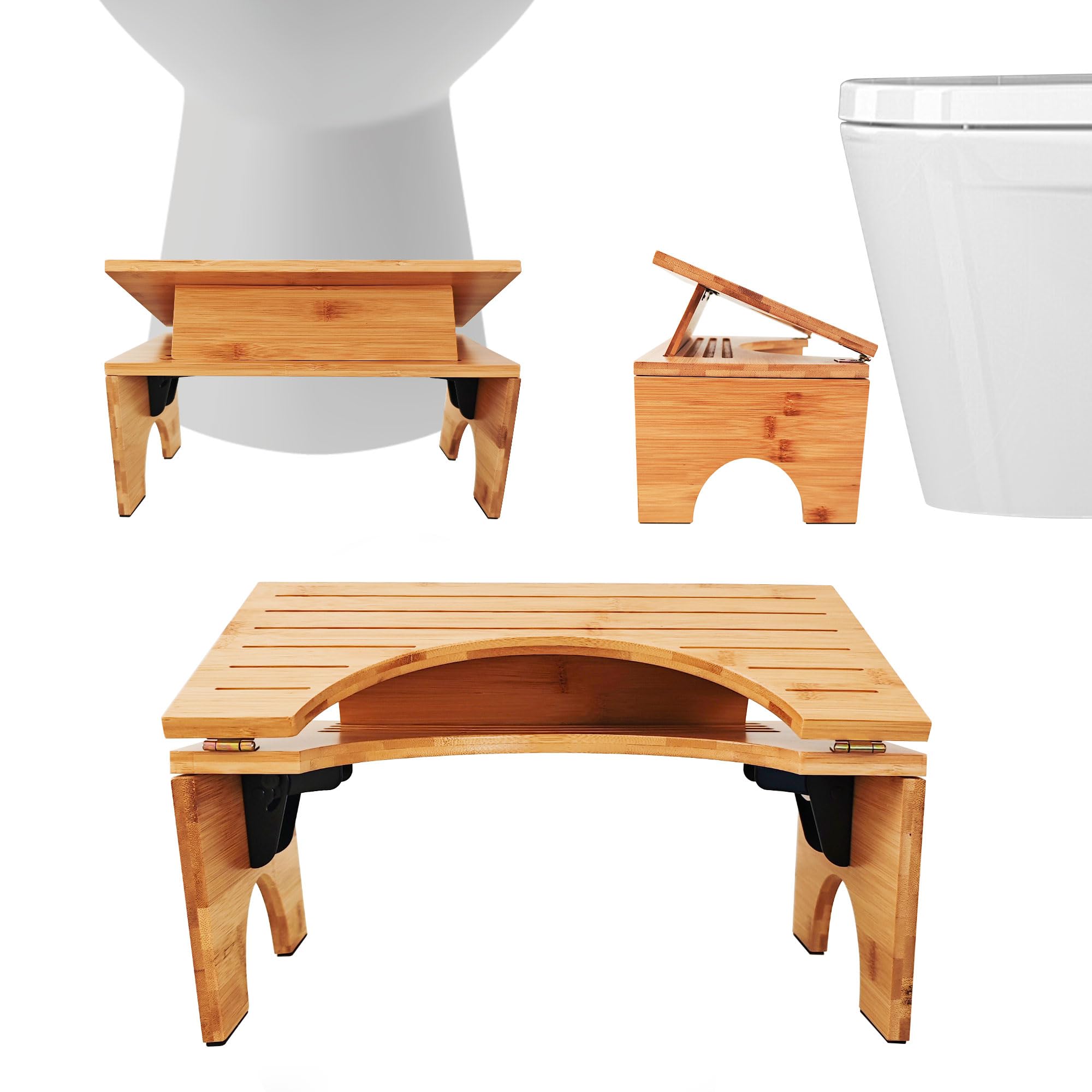 Sgabello WC pieghevole in bambù – Sgabello ergonomico per bagno con 4 marce regolazione dell'inclinazione (18 – 27 cm), antiscivolo, pieghevole, per adulti e bambini