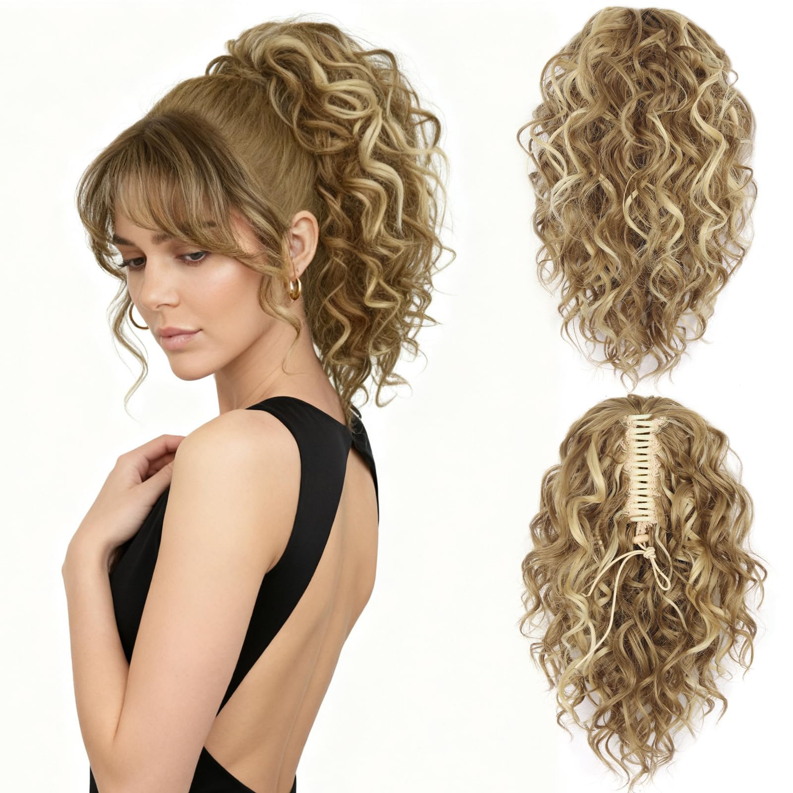 Photo 1 of 12 Inch Blonde Ponytail Extension - Curly Pony Tails Hair Extensions, Claw Clip Ponytail Extension, Synthetic Clip in Ponytail Hair Extensions (Color: Dark Blonde with Beige Blonde Highlights)