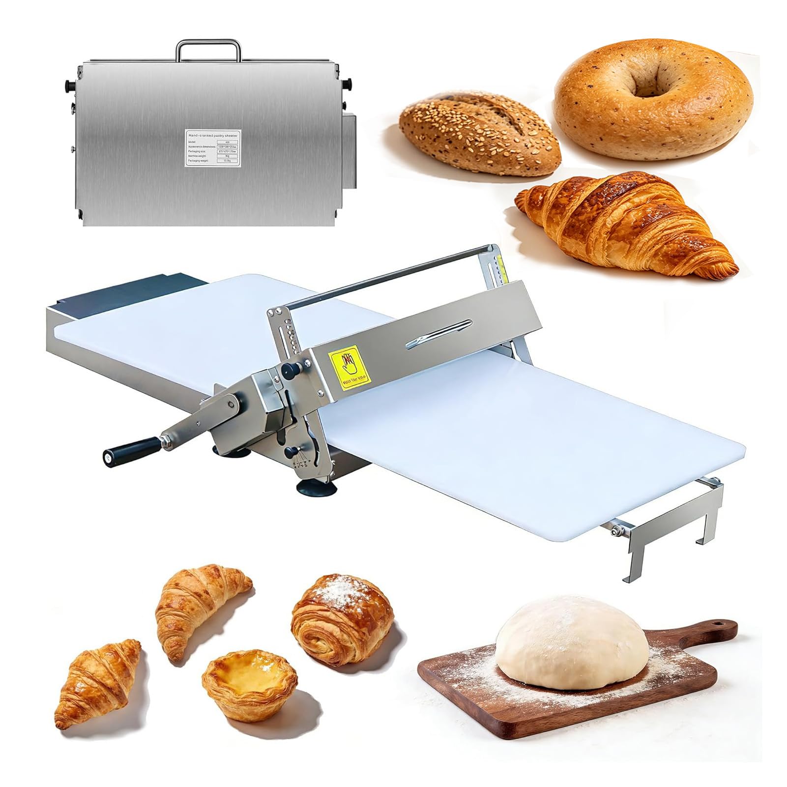 SUYUDD Stainless Steel Dough Sheeter, Manual Foldable Pastry Press Machine, Adjustable Thickness, Compact Design for Homemade Croissants, Pizza, Fudge Crust, Bakery Use