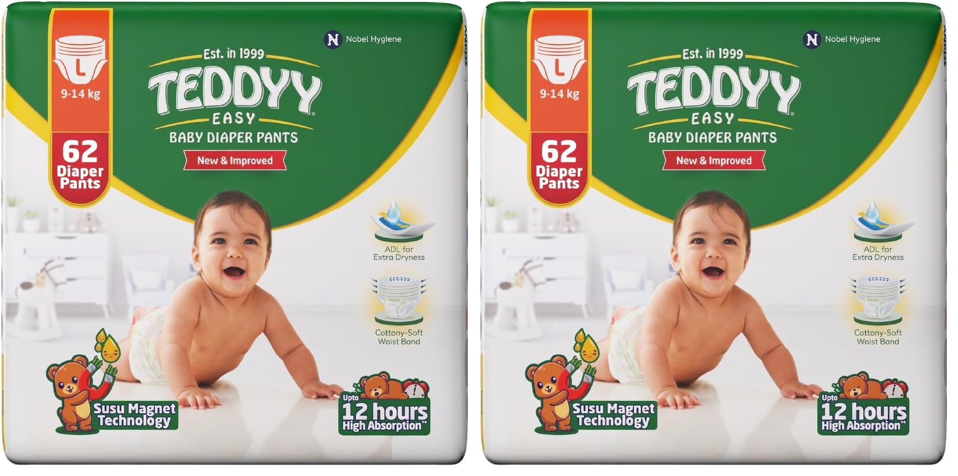 TEDDYY Easy Baby L Size Diaper Pant Style | 62 Count (Large) | 9–14 kg (Pack of 2) | Long Protection Hours | Anti-Bacterial | Airy Breathable Fit | Rapid Soaker Channels & Wetness Indicator-image-29