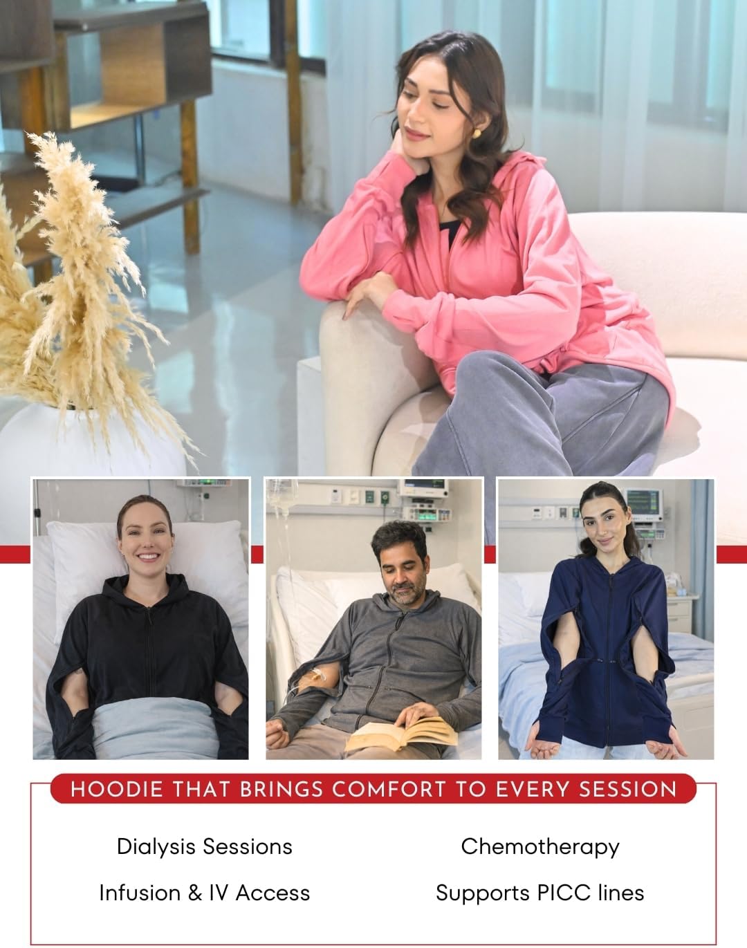 Inspired Comforts Unisex Dialysis & IV Access Hoodie – Dual Arm Zippers, Thumbhole Sleeves & Pockets - Image 5
