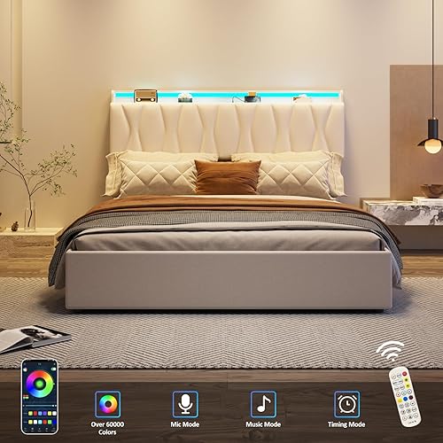 Miniatura 7 de Fameill Queen Size Lift Up Storage Bed Frame with Adjustable Headboard, Charging Station, LED Lights, Wood Slats, Noise-Free, No Box Spring Needed,