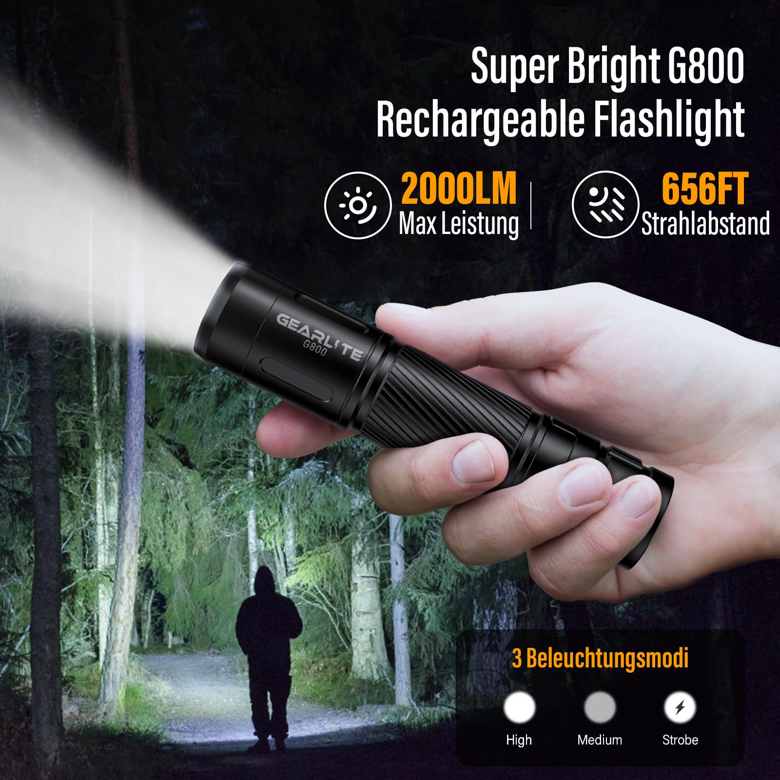 GEARLITE Latarka LED, ładowana, super jasna, z zoomem 2200 lumenów, z 3 trybami świecenia i długim czasem pracy, wodoszczelność IP65, taktyczna latarka na kemping, wędkowanie, wędrówki, w sytuacjach