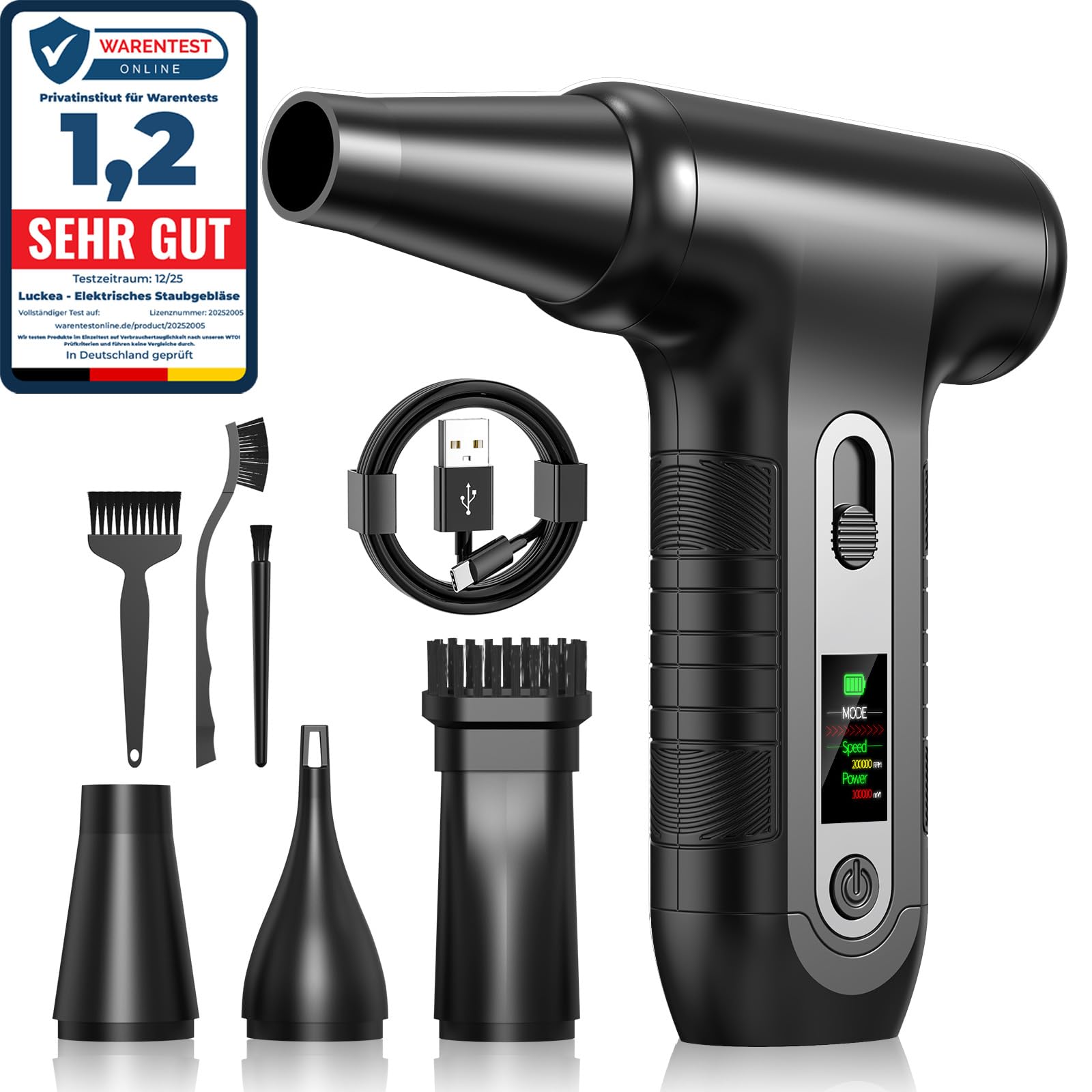 Aria Compressa Elettrico Pulizia PC con Display Digitale HD - Air Duster 200000 RPM, Mini Soffiatore a Batteria 6000 mAh, Rimuovi Polvere Bomboletta Aria Compressa Spray per Ufficio Auto, W06, Nero