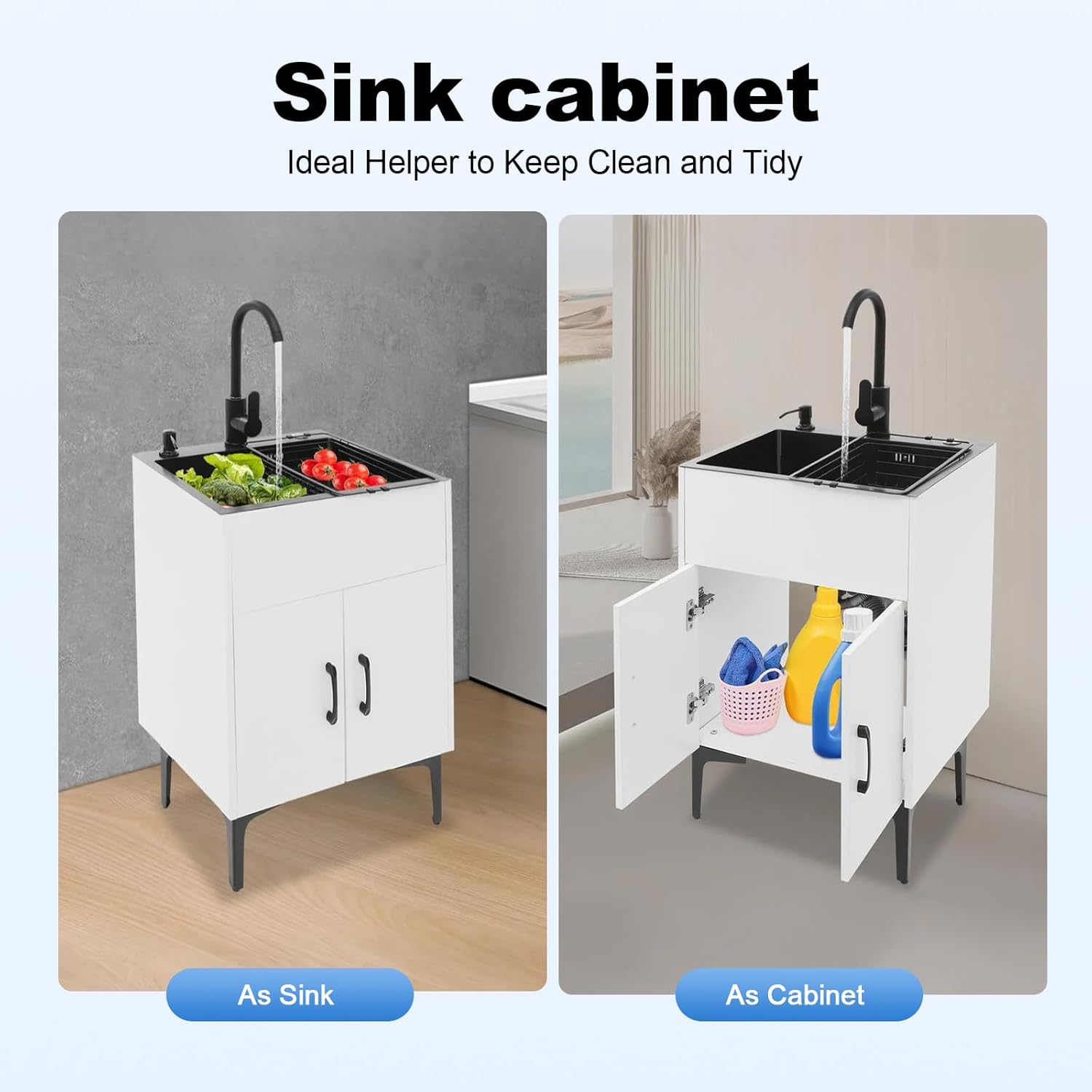 Laundry Utility Sink with Cabinet, Kitchen Sink Base Bathroom Vanity Ready-to-Assemble Bathroom Cabinet 11.81" Width, All-in-One Utility Sink for Laundry Room, Garage, Mudroom (White)