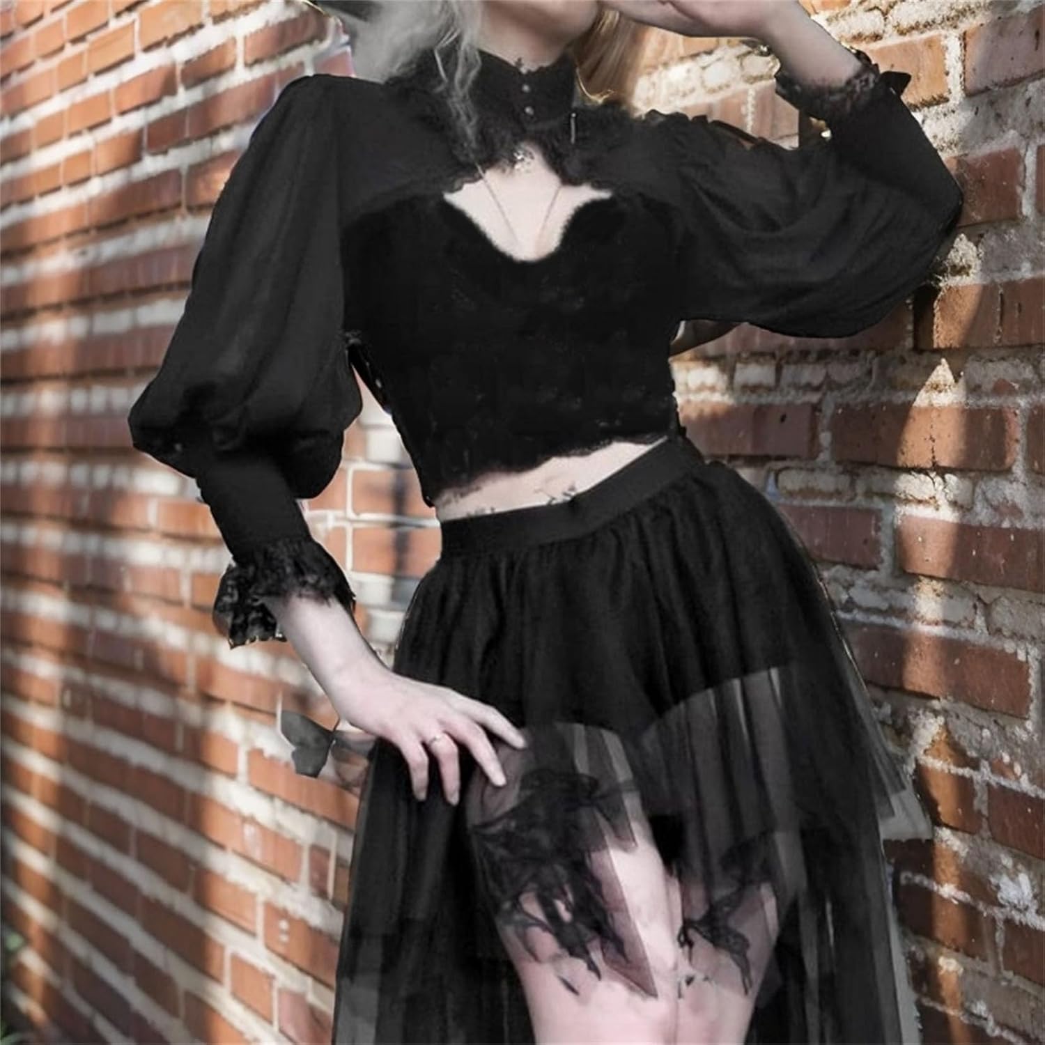 Goth Bolero Shrug Women Lace Sheer Mesh Gothic Flare Sleeve Emo - Image 2