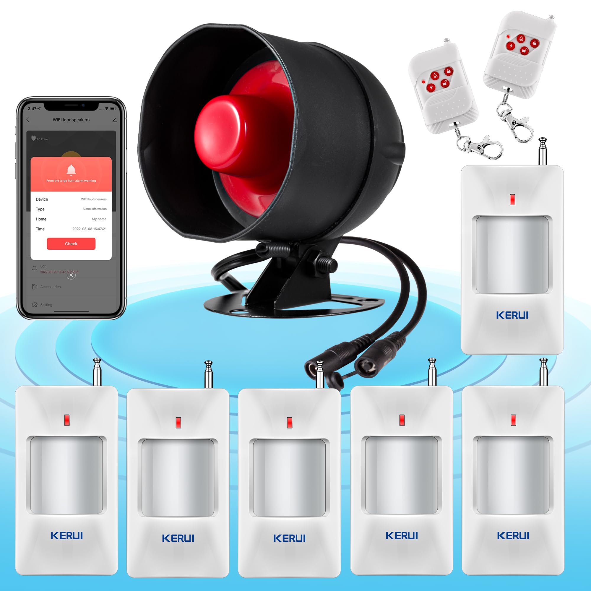 Sistema de Alarma WiFi, Sistema de Alarma Inalámbrico de 120 dB para la Seguridad del Hogar con Sirena, 6*Sensores de Movimiento Gratuitos y Mando a Distancia para Cobertizo y Garaje
