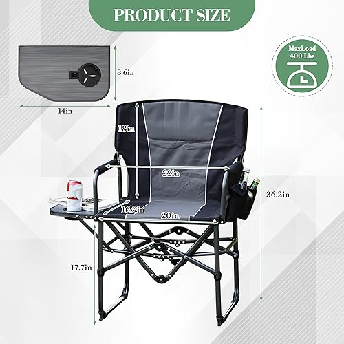 Miniatura 3 de Sillas plegables de camping para adultos, silla de césped portátil con mesa lateral, bolsillo lateral y soporte para bebidas, silla de director
