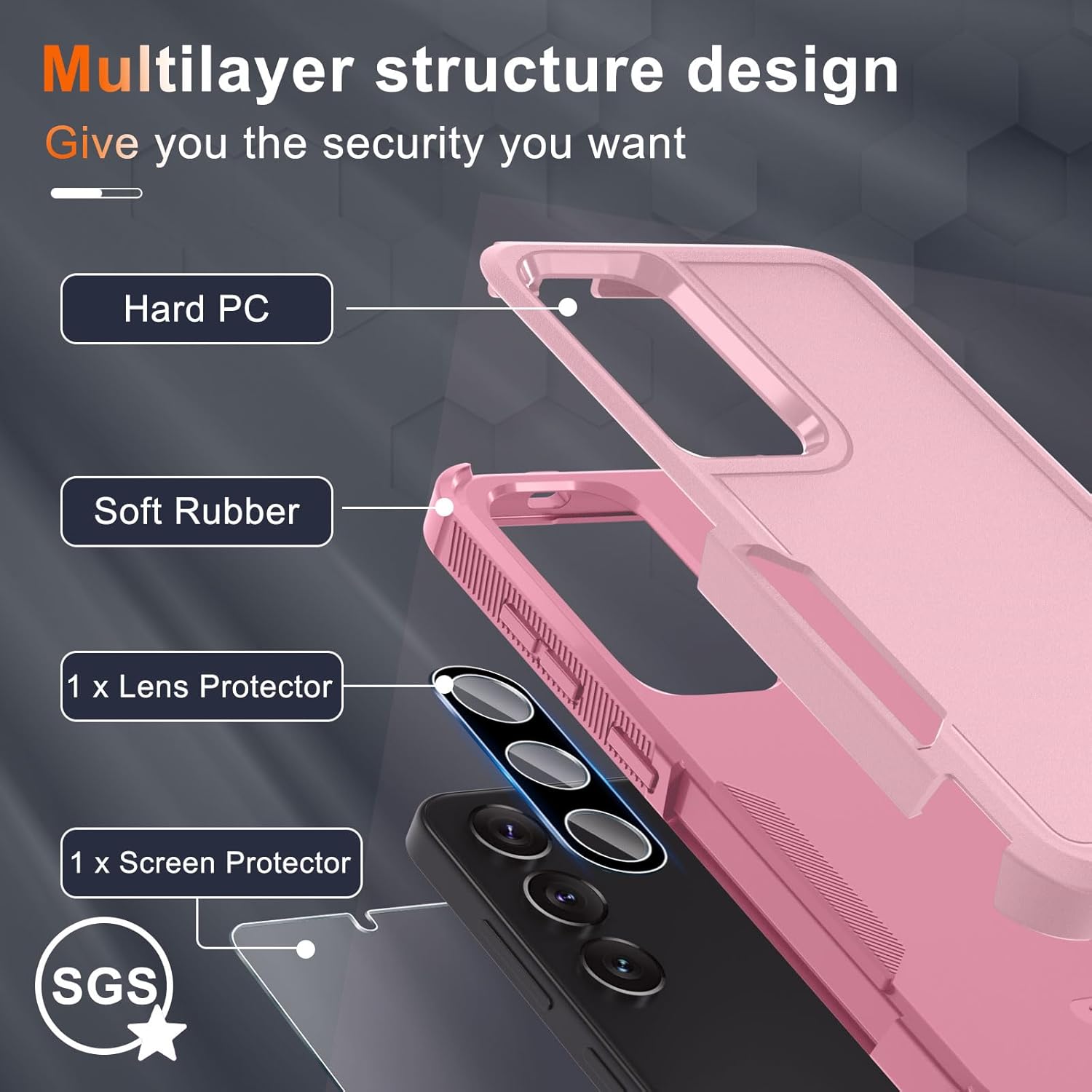 Case for Samsung Galaxy S25, Full Body Heavy Duty Rugged Shockproof Protective Phone Cover with Lanyard Strap, Tempered Glass Screen Protector and Camera Lens Cover, Cute Pink thumbnail