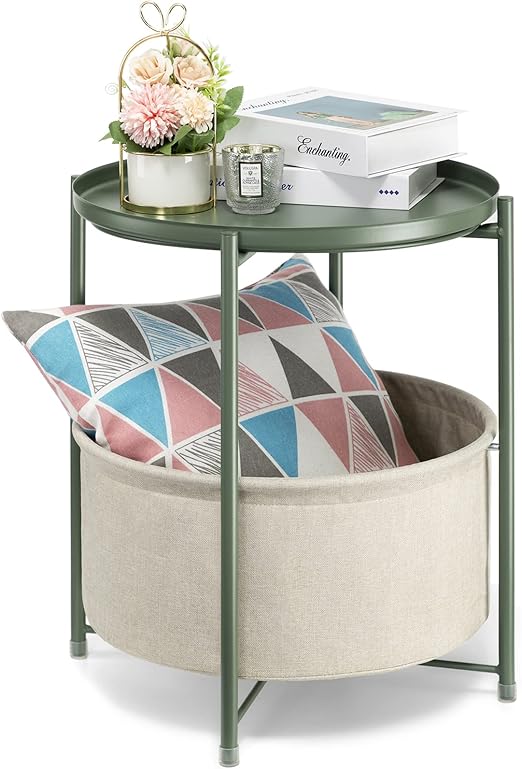 Amazon.com: danpinera Round Side Table with Fabric Storage Basket ...