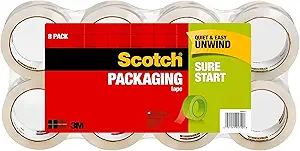 Scotch Sure Start Shipping Packaging Tape, 1.88" x 54.6 yd, Designed for Packing, Shipping and Mailing, No Splitting or Tearing, 3" Core, Clear, 8 Rolls (3450-8)