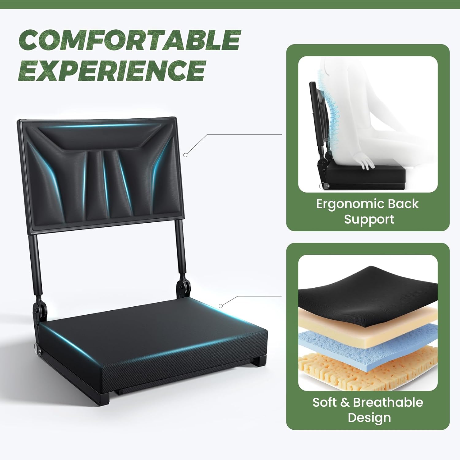 Jocoevol Stadium Seats with Back Support and Cushion, Portable Bleacher Seats, Folding Bleacher Chair w/Shoulder Strap, Stadium Chair Carry Handle for Sports Events Concerts Outdoor
