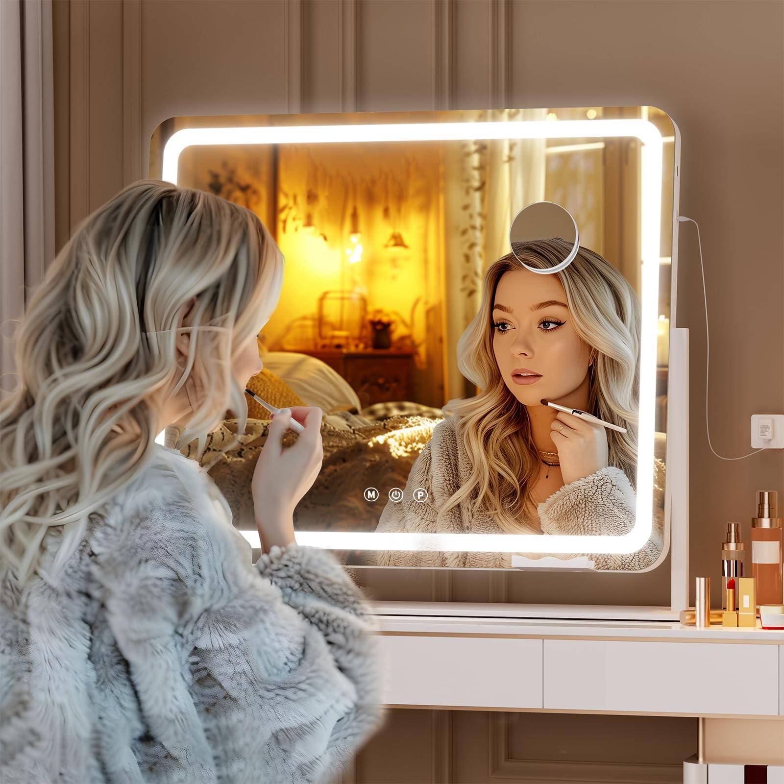 Hasipu Miroir de Maquillage avec éclairage 65 x 54 cm, Miroir de beauté LED avec grossissement 10x, 3 températures de Couleur, Commande Tactile, Rotation à 360°, Blanc Rond