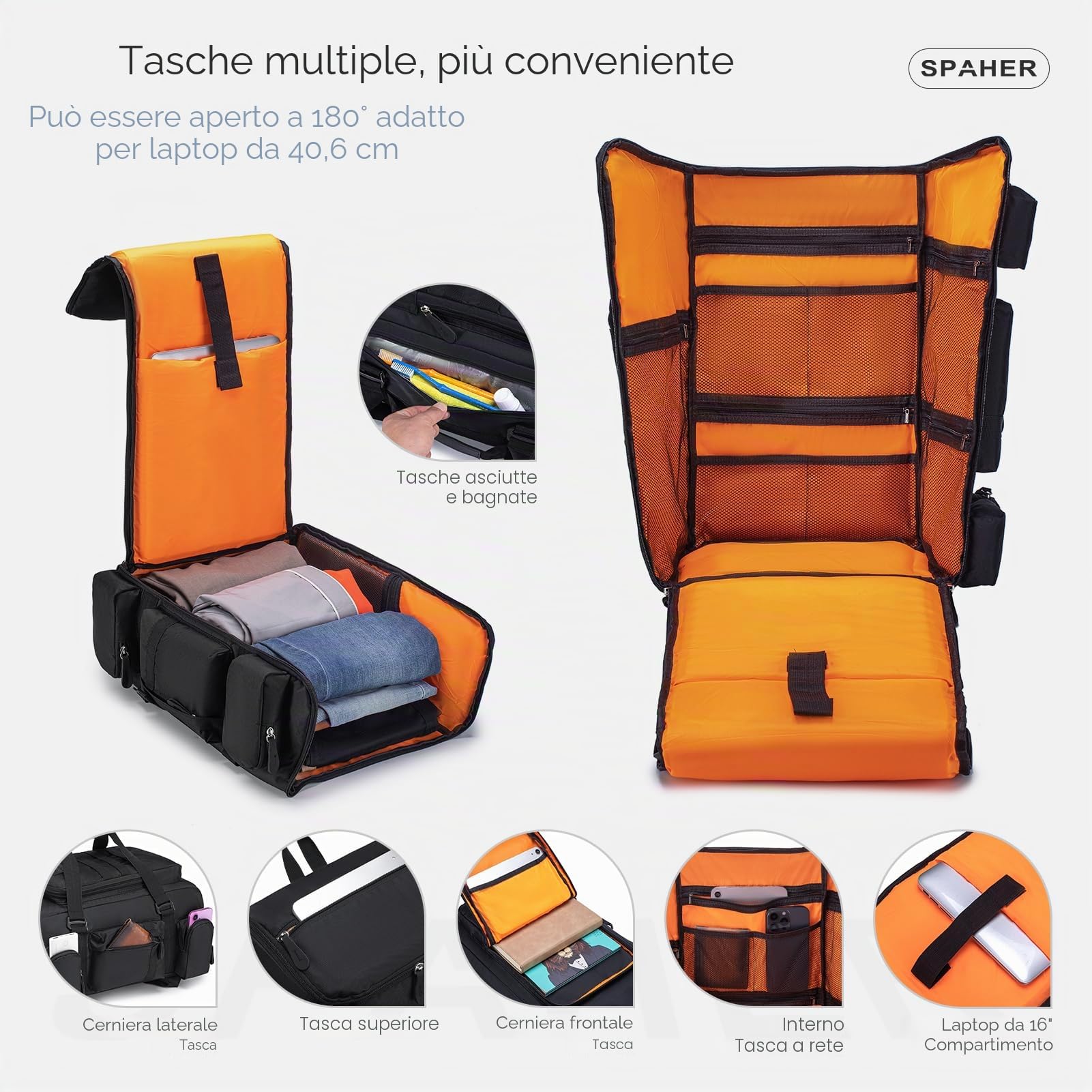 SPAHER 3 in 1 Tattico Borsone Zaino da Trekking Grande 40L, Nero | Apertura Ampia a 180°, 2 Manici, Sistema MOLLE, Tasca Umida, Scomparto Imbottito per Laptop da 16 Pollici