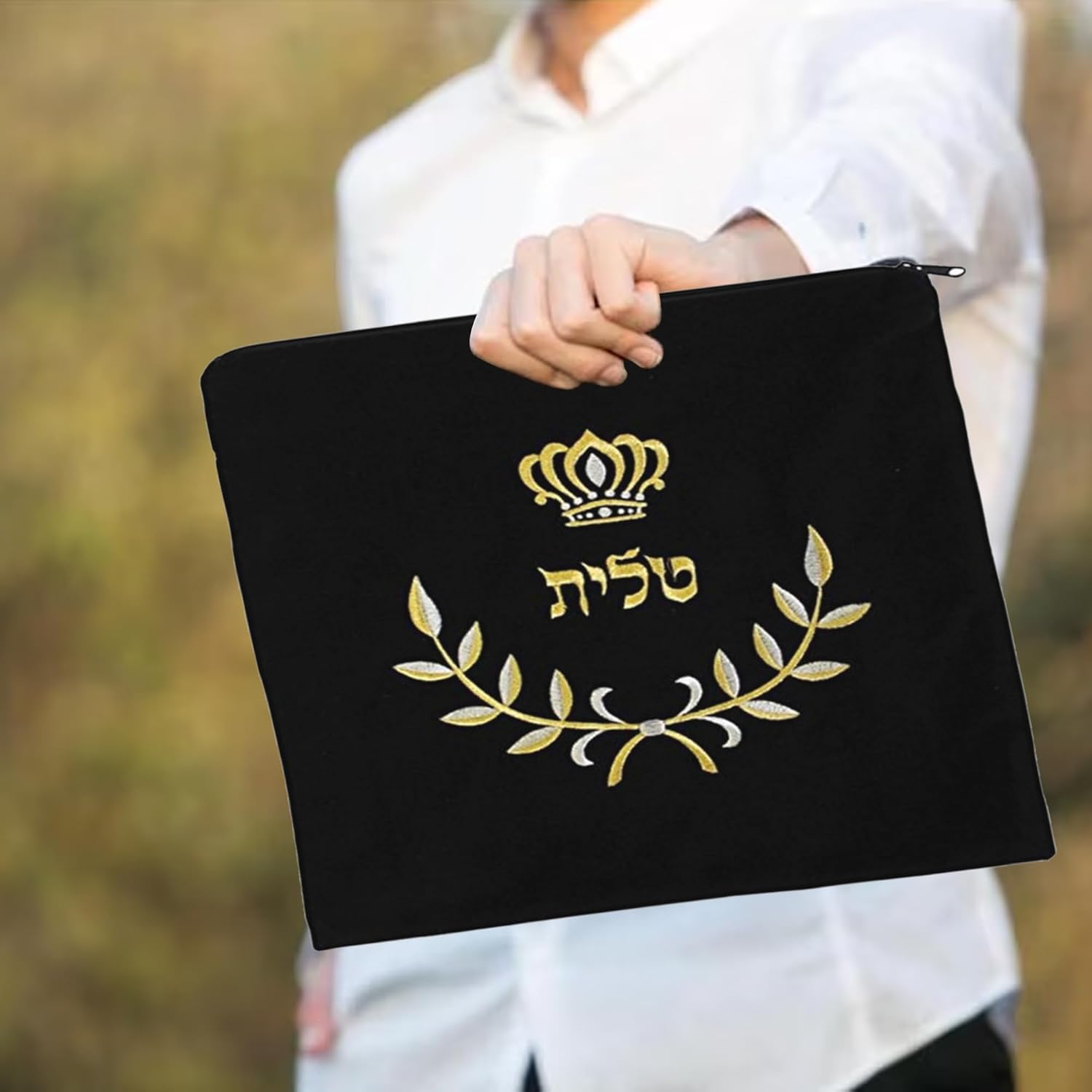 Majestic Giftware TB830XLBKS Tallis Bag Extra Velvet Embroidery Four Corner Diamond Design Stones, 14.5" x 14", Black/Silver