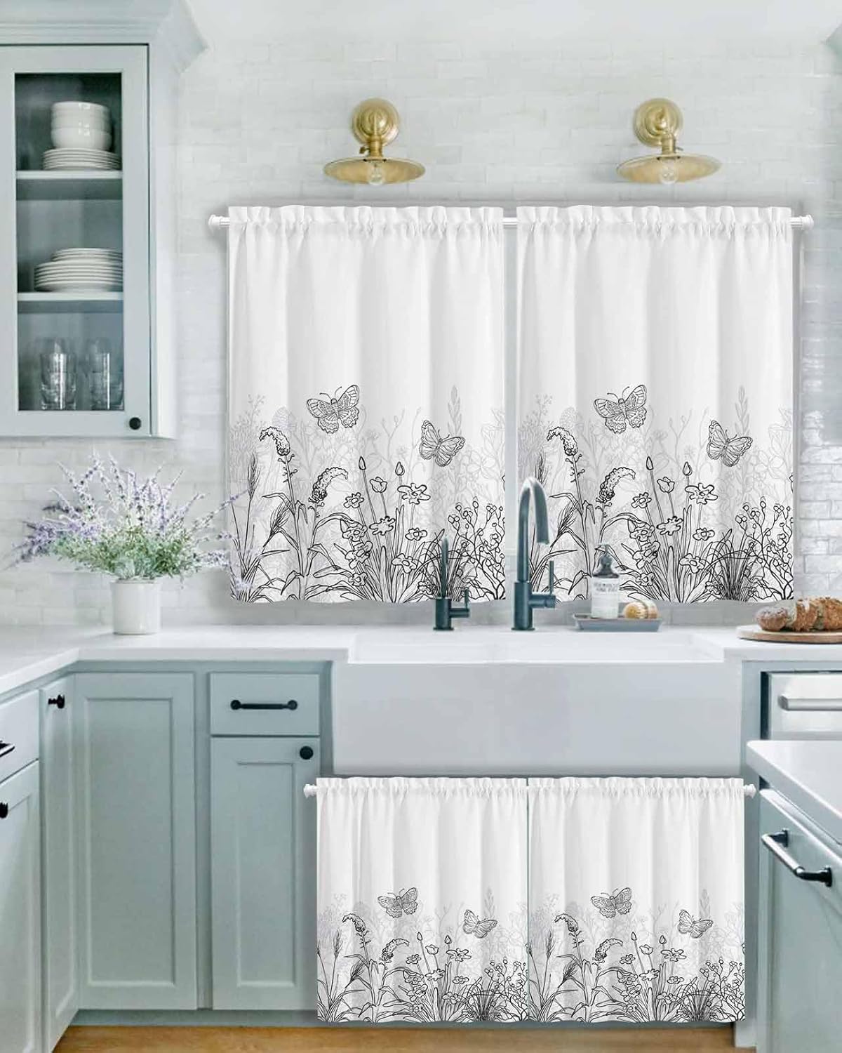 45 Inch Length Floral Curtains 2 Panels, Black Grey Flowers Butterfly Hand Drawing Plants Blackout Kitchen Curtains, Rod Pocket Small Tier Curtains for Cafe Bathroom Basement, 30 Inch Width