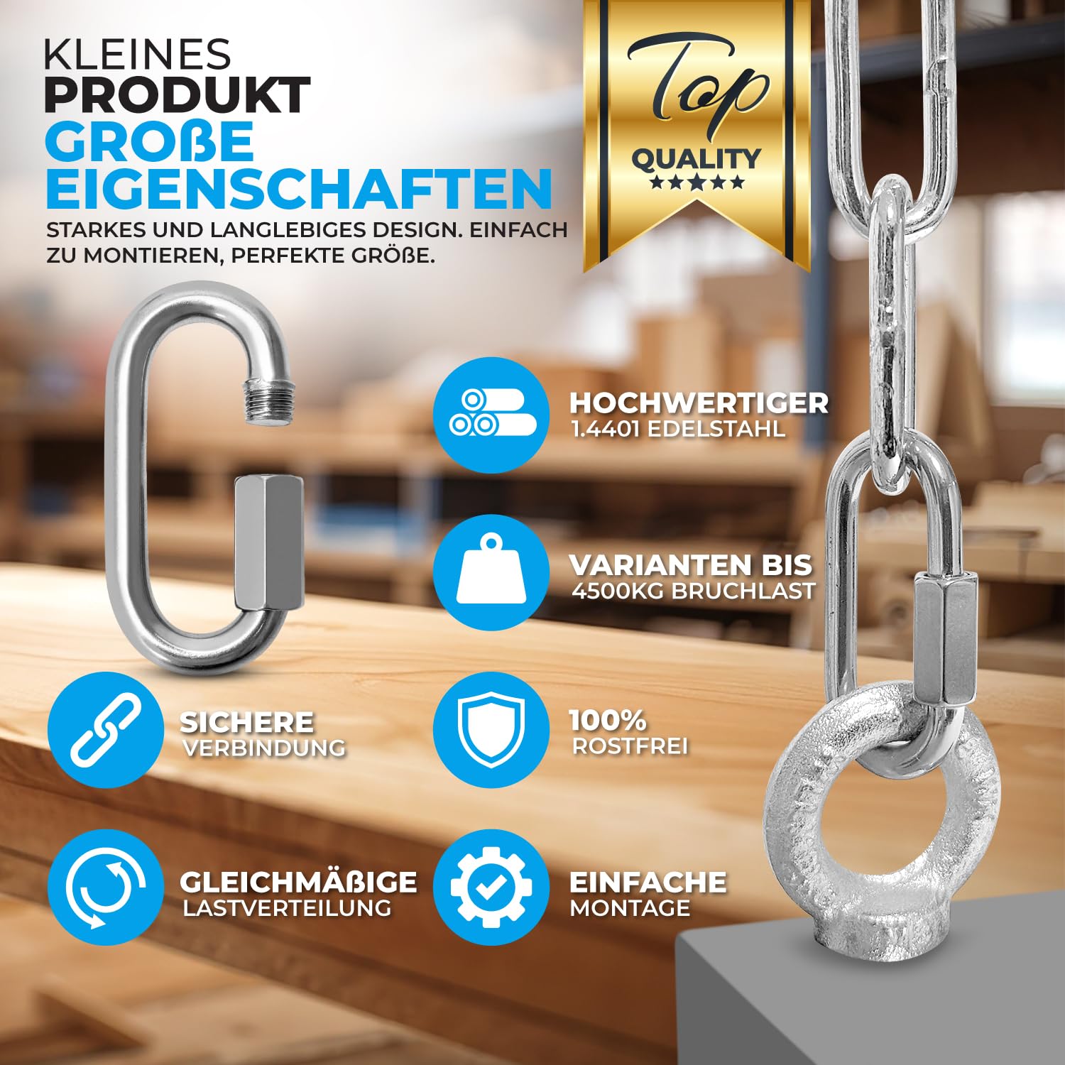 A4 Edelstahl Schraubverbinder | 6mm - 2 Stück | 1130kg Bruchlast | Rostfreier AISI 316 Schraubkarabiner | Kettenverbinder oder Kettennotglied