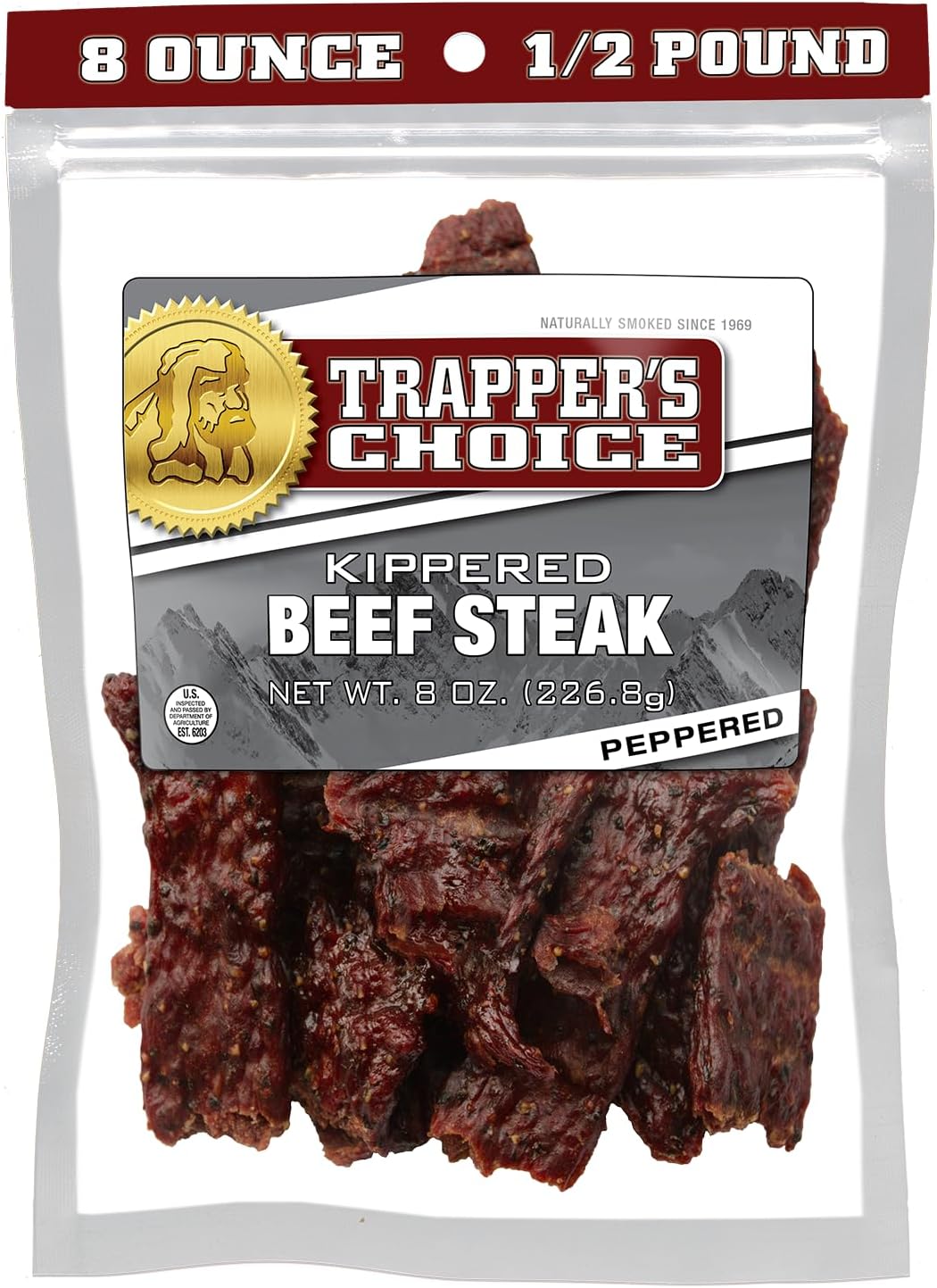 Old Trapper, Trapper's Choice Peppered Kippered Steak, Eight-Ounce Individual Package, Spicy Meat Snacks, 11 Grams of Protein and 70 Calories Per Serving (Pack of One)