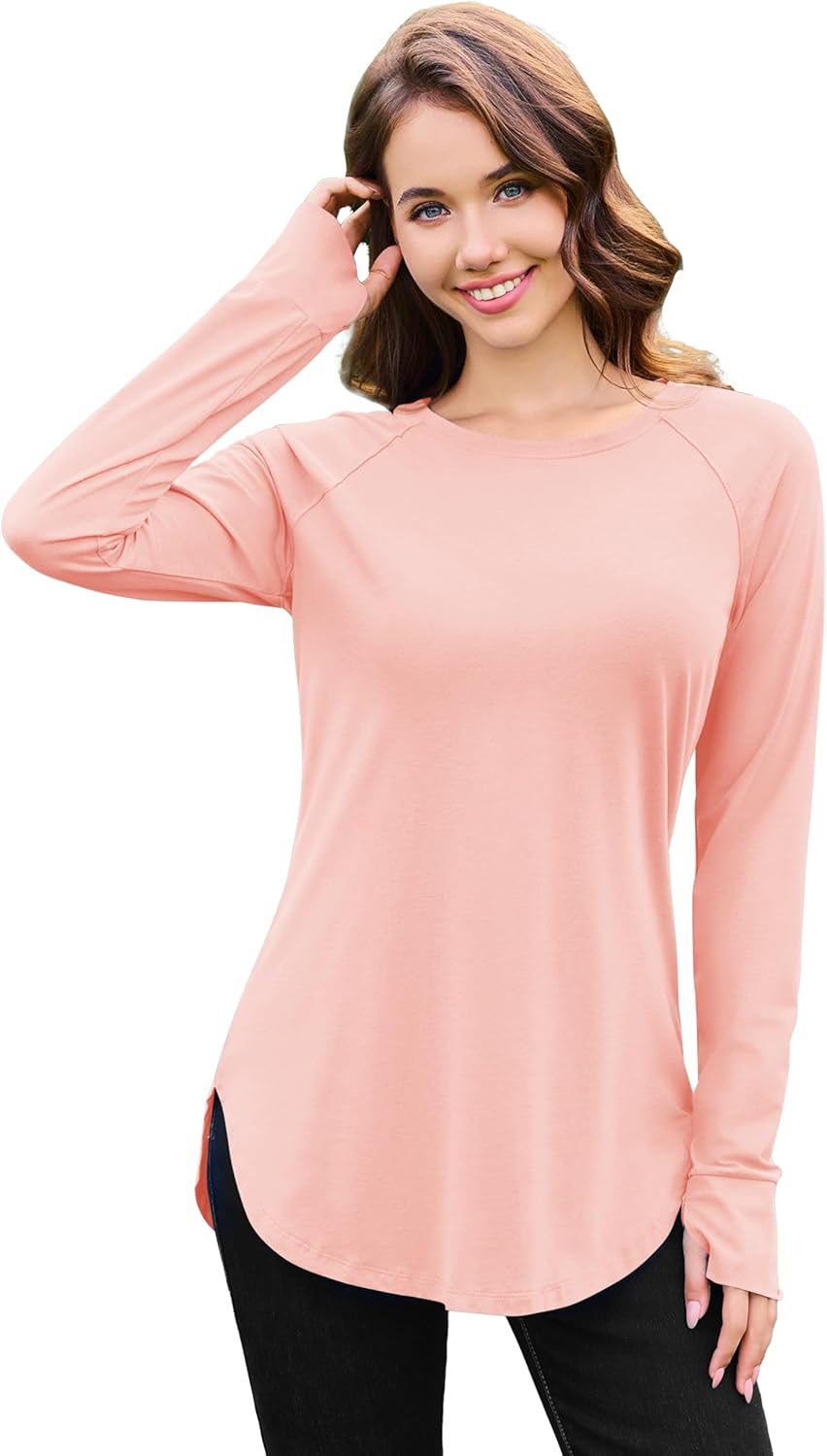 YUCOLEN Womens Long Sleeve Shirts with Thumb Hole Tunic Tops to Wear with Leggings Loose Fit with Crew Neck Curved Hem - Image 2