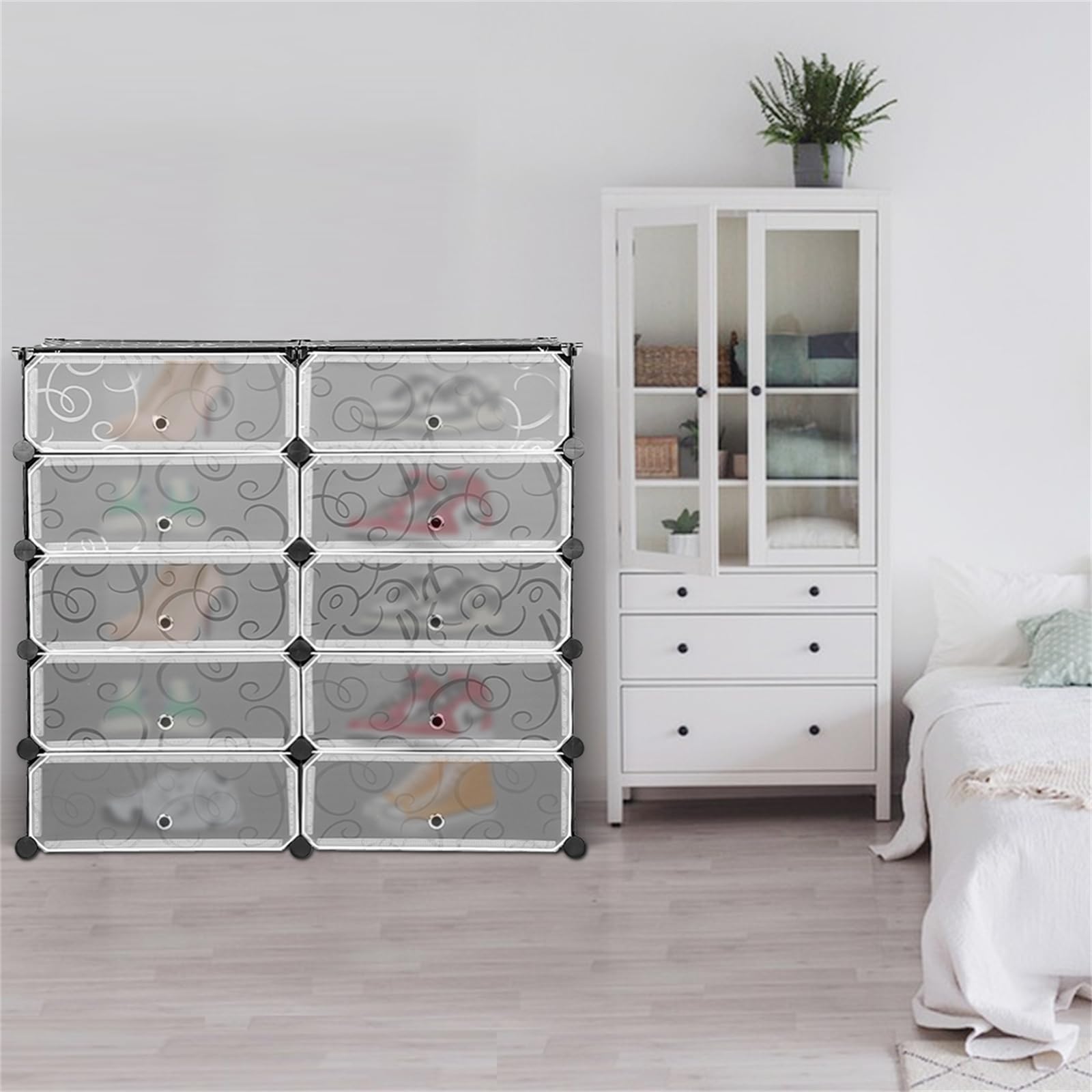 Scatola portaoggetti per scarpe con 10 scomparti, per scarpe da esterno, impermeabile, scaffale in plastica fai da te, con porta, per ingresso soggiorno, camera da letto, nero