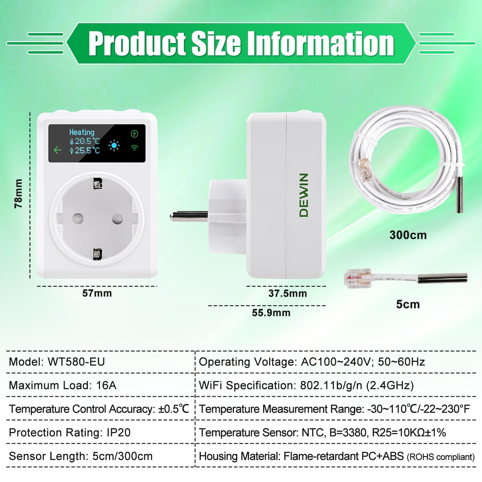 DEWIN Inteligente Enchufe de Termostato con Sonda, 2.4GHz WiFi Controlador de Temperatura de termostato de Enchufe 220V 16A Calefacción y Refrigeración Compatible con Control Remoto y Control por Voz