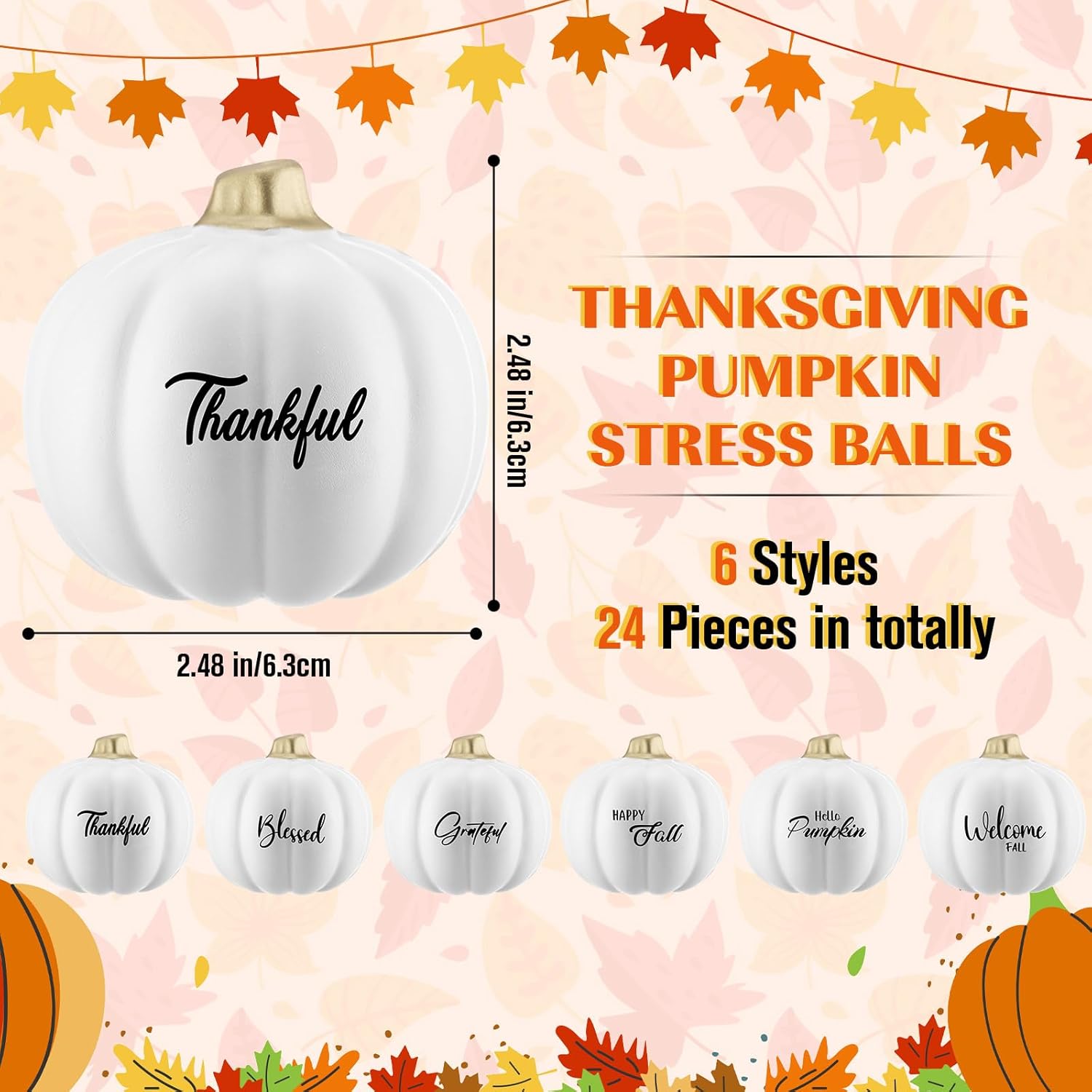 24 Pcs Thanksgiving Stress Balls Pumpkin Toys Bulk 2.48 Inch Fall Pumpkin Stress Relief Balls PU Foam Mini Pumpkins Squeeze Ball Fidget for Autumn Harvest Party Favors(White)