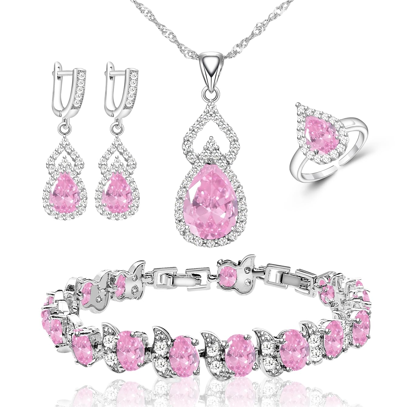 LMXXVJ Women Jewelry Set Platinum Plated Necklace Open Ring Earrings Bracelet Set,Birthday/Anniversary Mother’s Day Jewelry Gifts for Mom/Wife/Sister/Best Friend