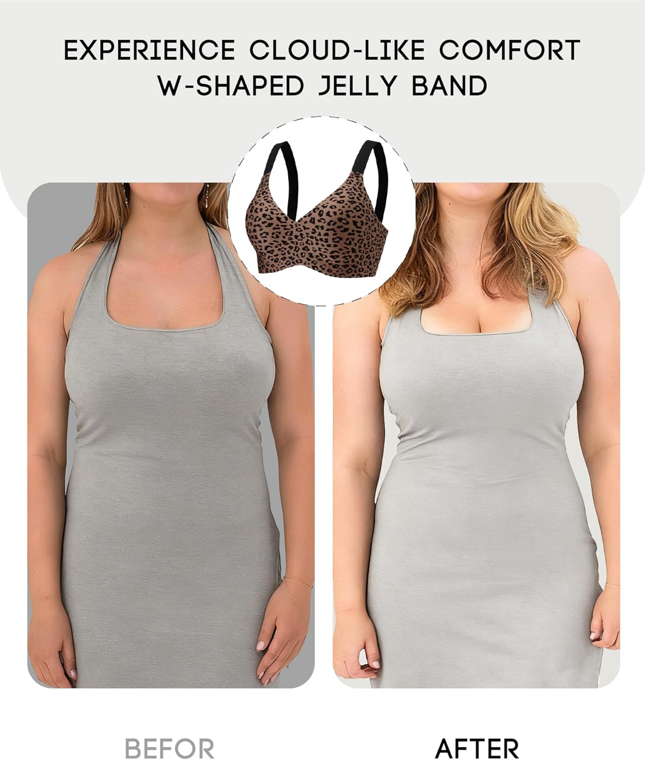 Women’s Wireless Jelly Push Up Bra, Leopard Print Full Coverage Seamless Bra, Side Smoothing No Underwire T-Shirt Bra
