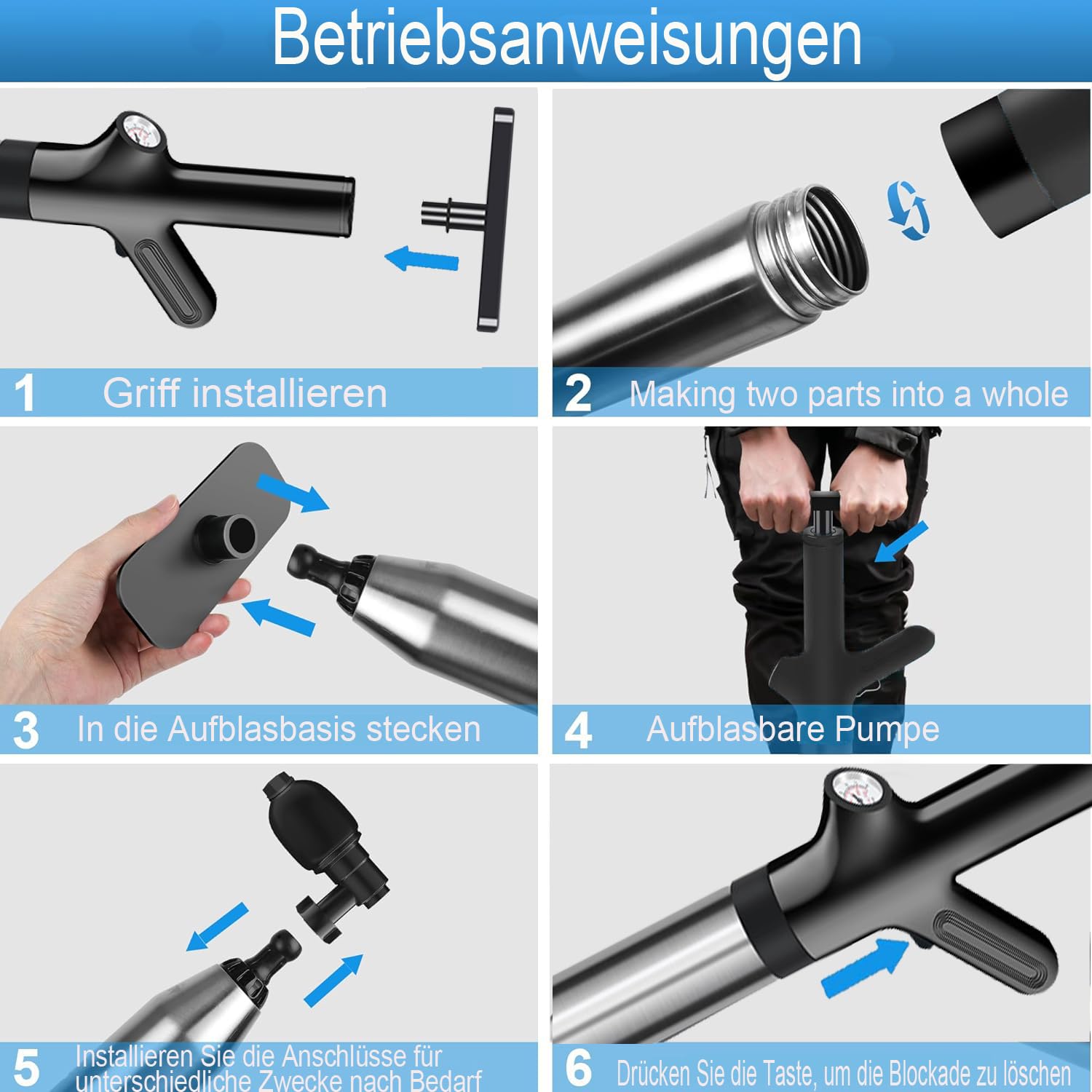 Rohrreiniger Druckluft,Toiletten Pömpel Abflussreiniger Pumpe mit Luftdruckanzeige,Pressluft Rohrreiniger mit 4 Adapter,Hochdruck Toilettenkolben für Waschbecken,Rohrverstopfung,Bodenablauf