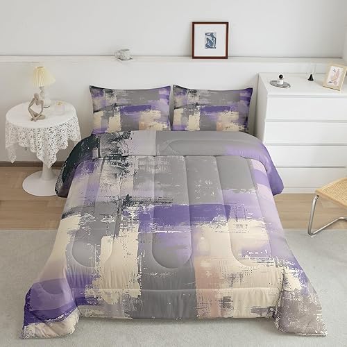 Erosebridal Juego de edredón gris morado para niños, niñas y adolescentes, juego de ropa de cama de pintura al óleo King, relleno de edredón de