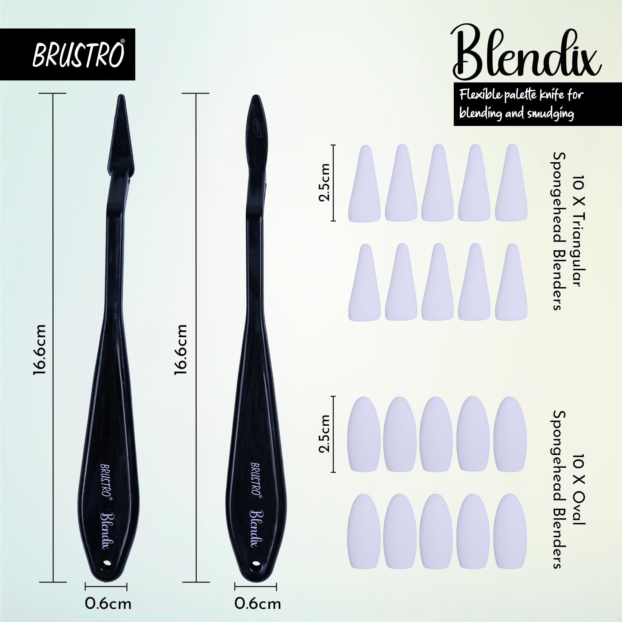 BRUSTRO Blendix Flexible Spongehead Soft Palette Knives | Set of 2 Ergonomic Handles with 10 Triangular & 10 Oval Sponge Blender | Ideal for Blending, Smudging With Graphite, Charcoal, Pastels, Pigment powder etc 2