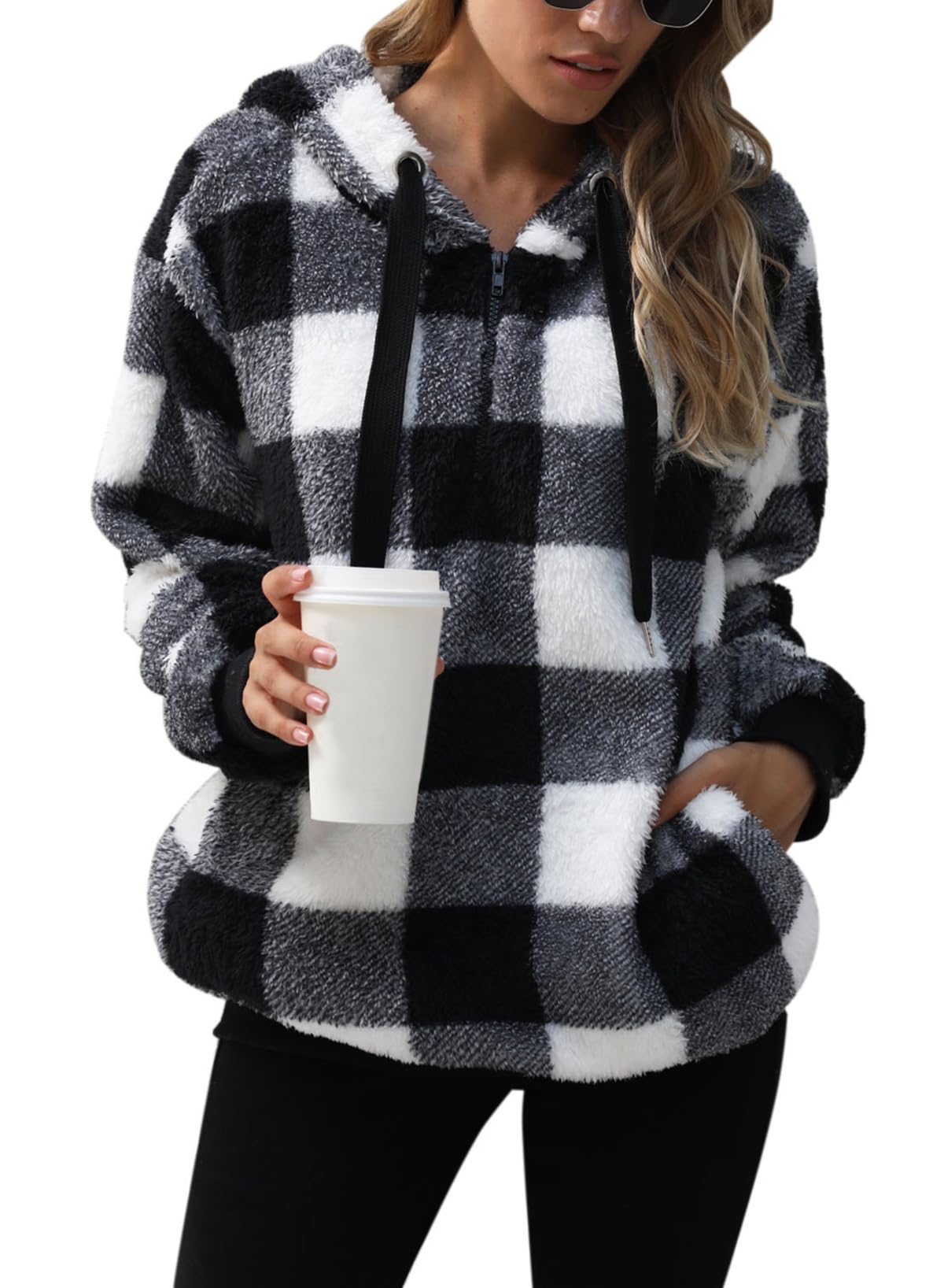 Nirovien Womens Sherpa Pullover Oversized Fuzzy Hoodie Double Fleece Sweatshirts Fluffy Plaid Outerwear Warm Coats