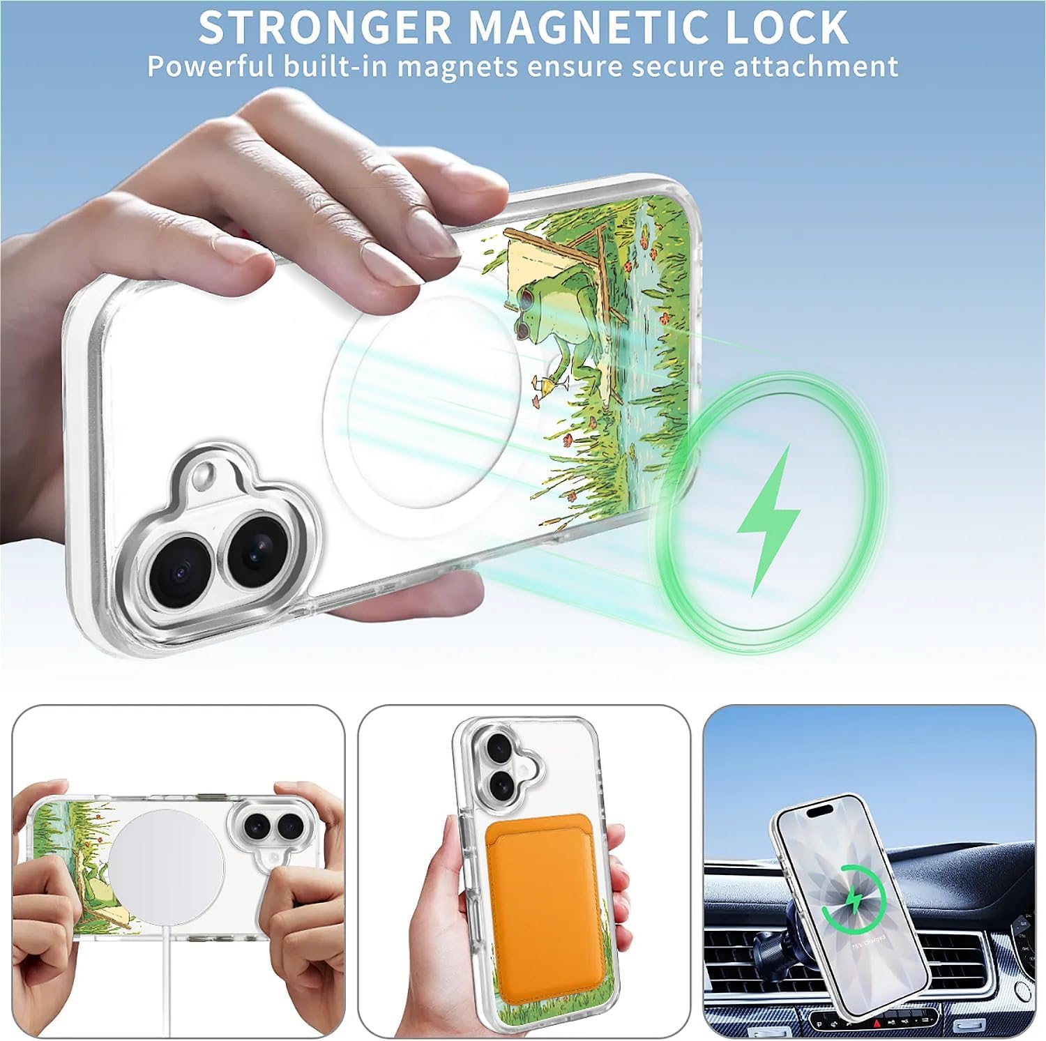 for Magnetic Clear Case for iPhone 17 Compatible with Magsafe,Soft Silicone Shockproof Protective Cover-Green Fun Frog (White) image 2