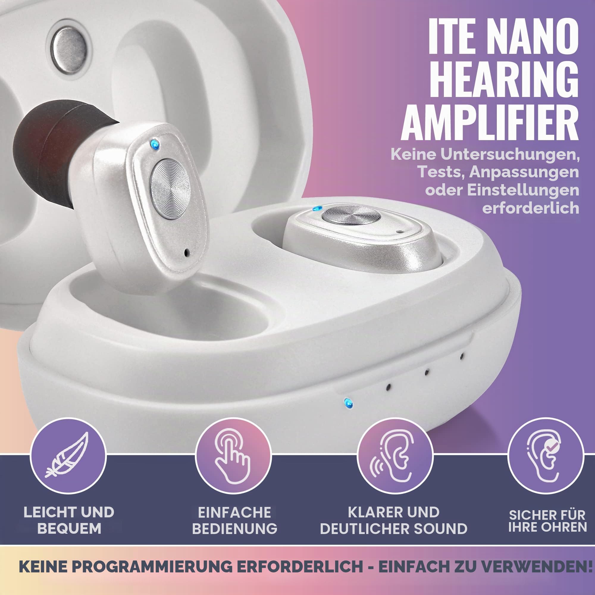 Wiederaufladbares Paar mit Geräuschunterdrückung, digitales Gerät für Senioren und Erwachsene – ITC Nano Personal – One Touch Control & Low Distortion Assist Device, Weiß