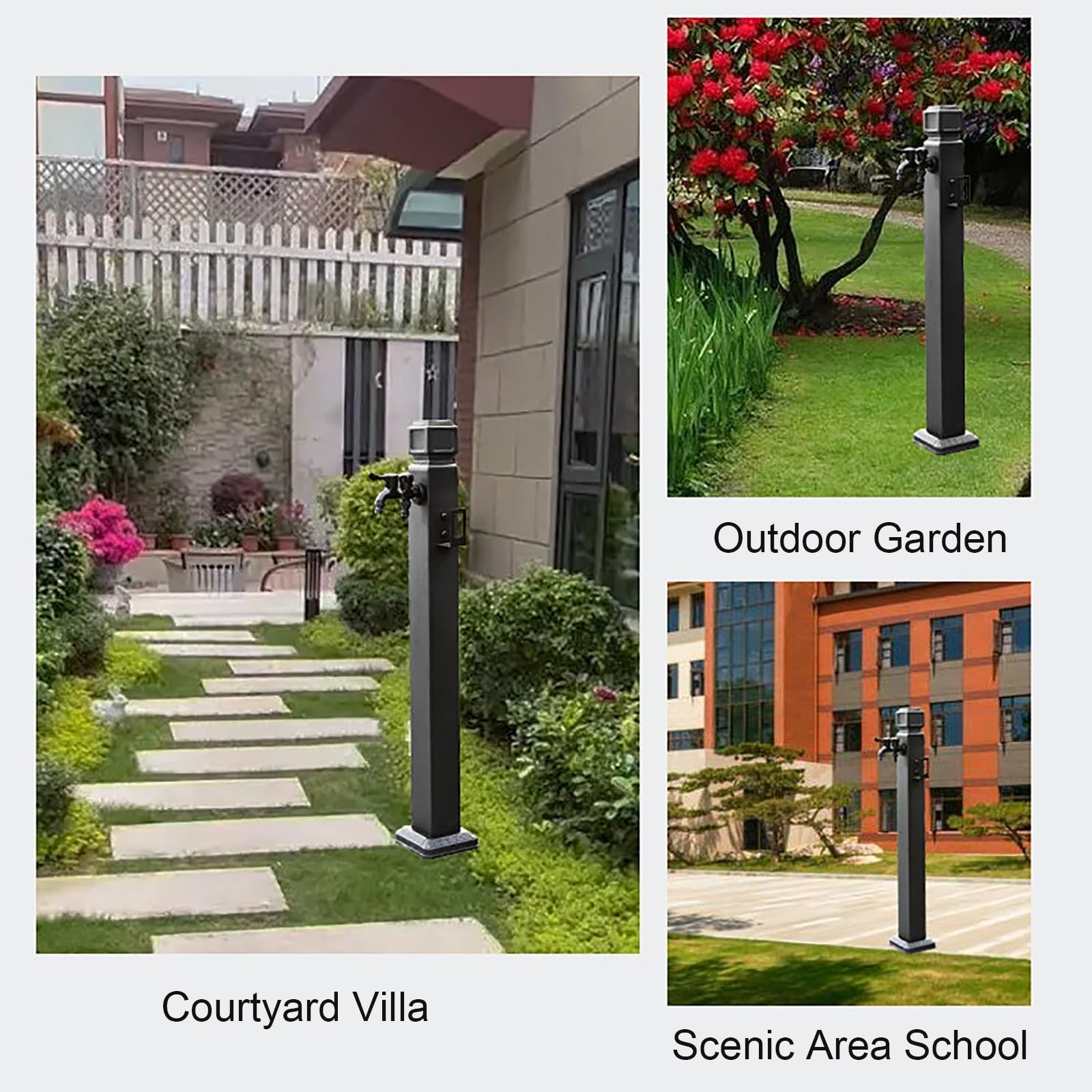 Colonne D'eau de Jardin Extérieure en Acier Inoxydable 304, Robinets Autoportant Antigel avec Double Sortie, Colonne À Eau avec Robinet, Support de Tuyau et Sac Antigel pour Jardin(95cm/37in)