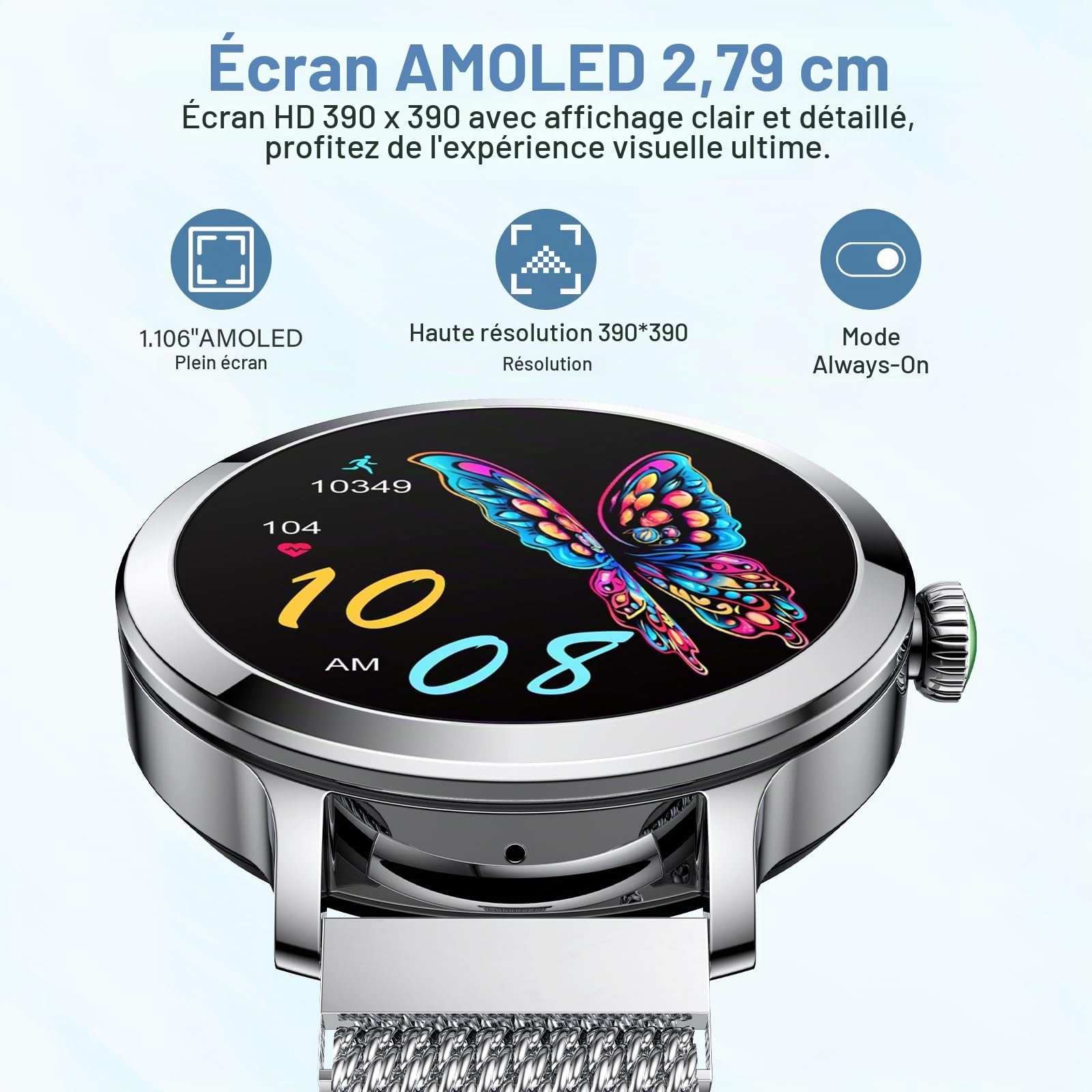 Efolen Montre Connectée Femme avec Appel Bluetooth, 1.1" AMOLED Ronde Smartwatch Moniteur de Sommeil Fréquence Cardiaque, 110+Sport Montre Intelligente, IP68 Podometre pour Android Argent