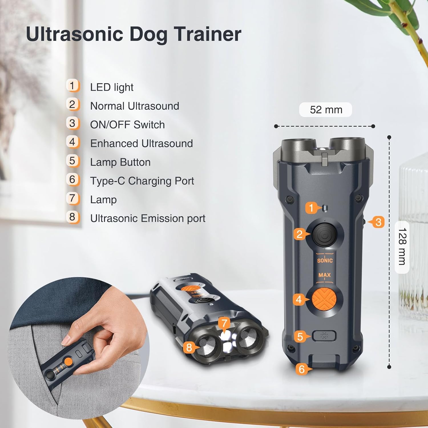 Antibell für Hunde, Ultraschall Anti Bell Gerät ​Bellenstopper Hund, Ultraschall-Anti-Bellgerät Hundebellen-Abschreckmittel Hunderindenstopper für Kleine Große Hunde Innen Außenbereich Antibellrorange