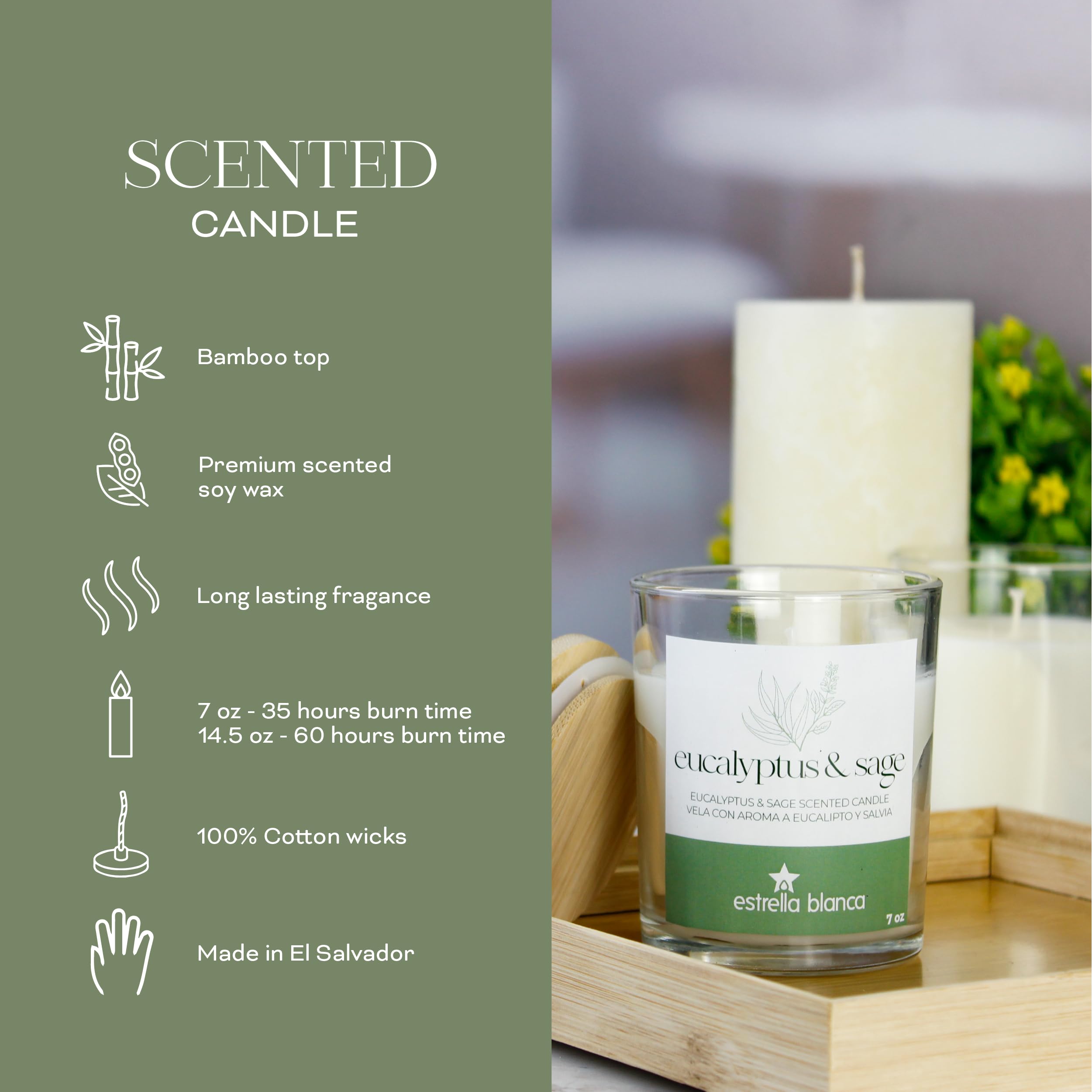 Vela perfumada de eucalipto y salvia, cera de soja aromática, larga duración, 35 horas de combustión, parte superior de bambú, 7 onzas