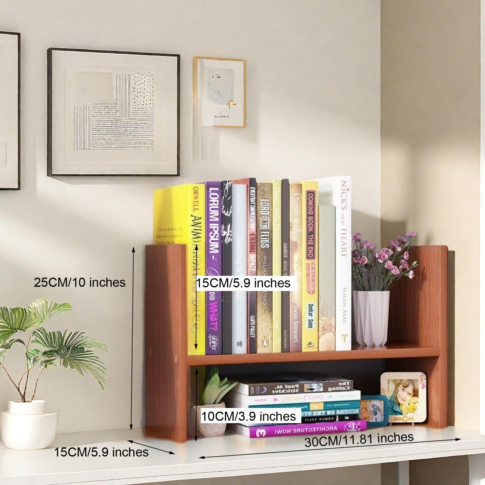 AUSHOPLAH Libreria in legno, organizer da scrivania, 30 x 15 x 25 cm, 2 ripiani, per ufficio, libri e decorazioni E272 (legno)