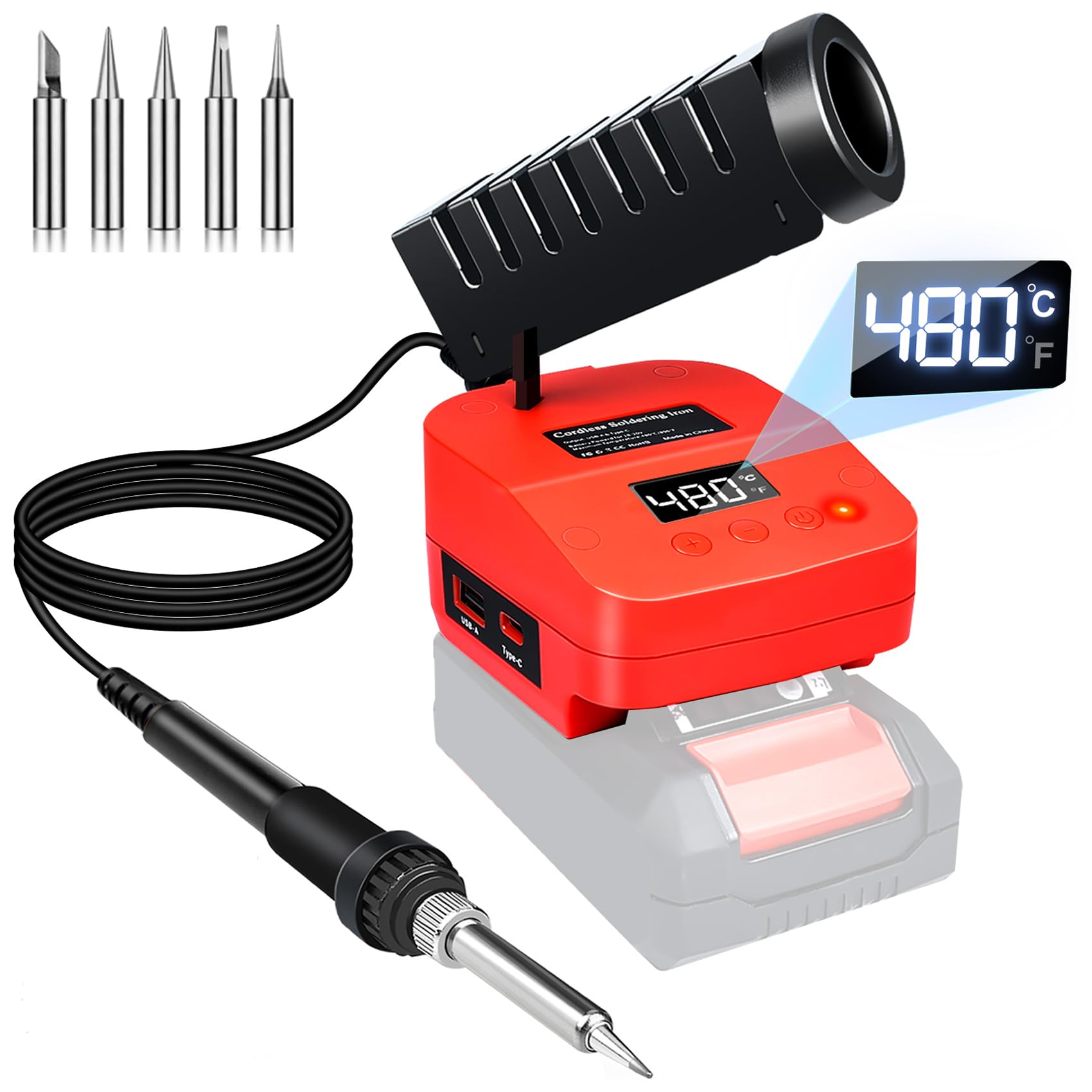GZYZ Akku Lötkolben Set Tragbarer Lötkolben mit USB und Typ-C, Einstellbarer Temperaturbereich 180℃–480℃ für Heimwerkerarbeiten, Elektroarbeiten (Ohne Akku)