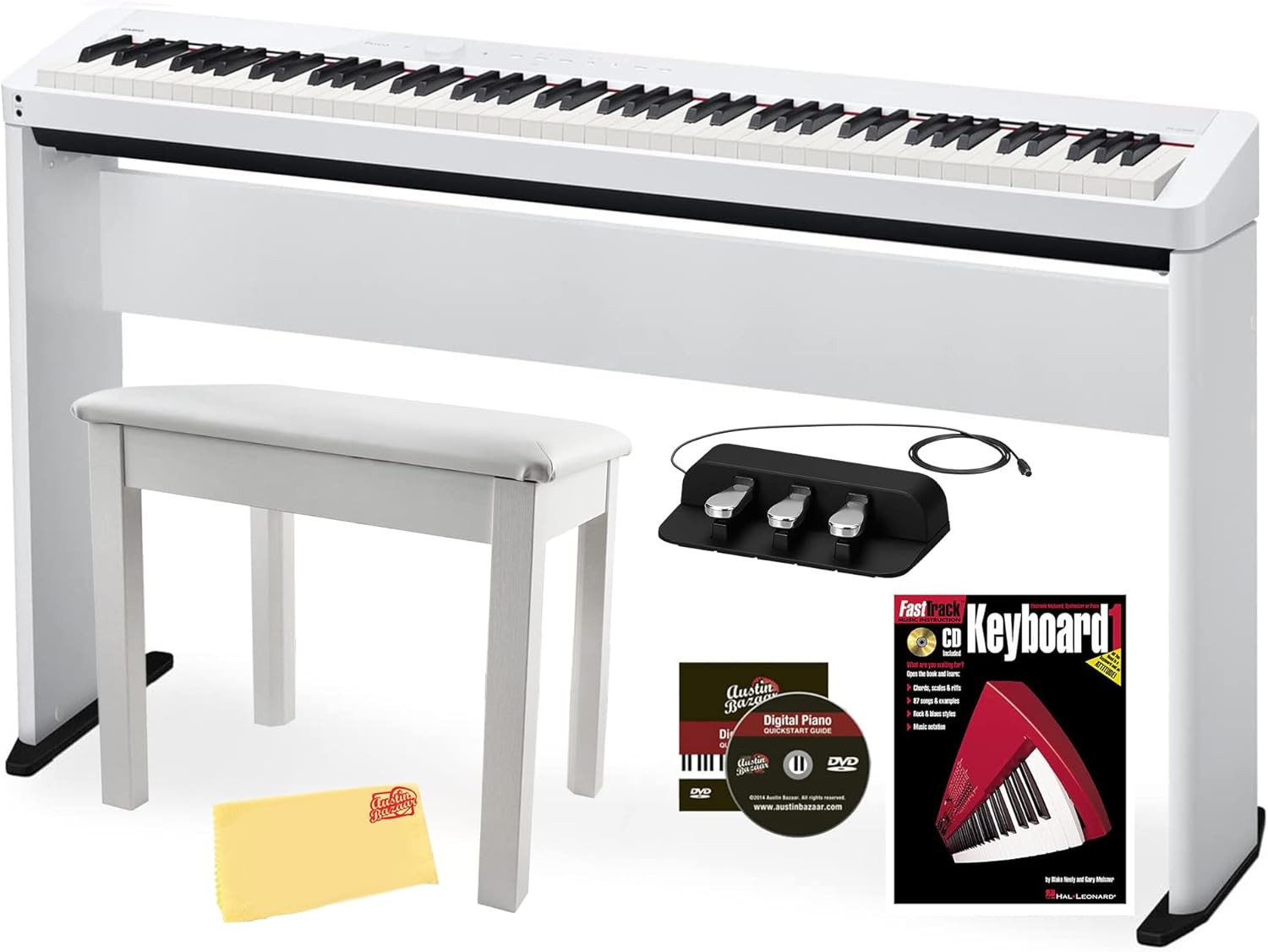Casio PX-S1100 Privia Digital Piano - White Bundle with CS-68 Furniture Stand, SP-34 Three Pedal System, Furniture Bench, Instructional Book, Instructional Video, and Austin Bazaar Polishing Cloth