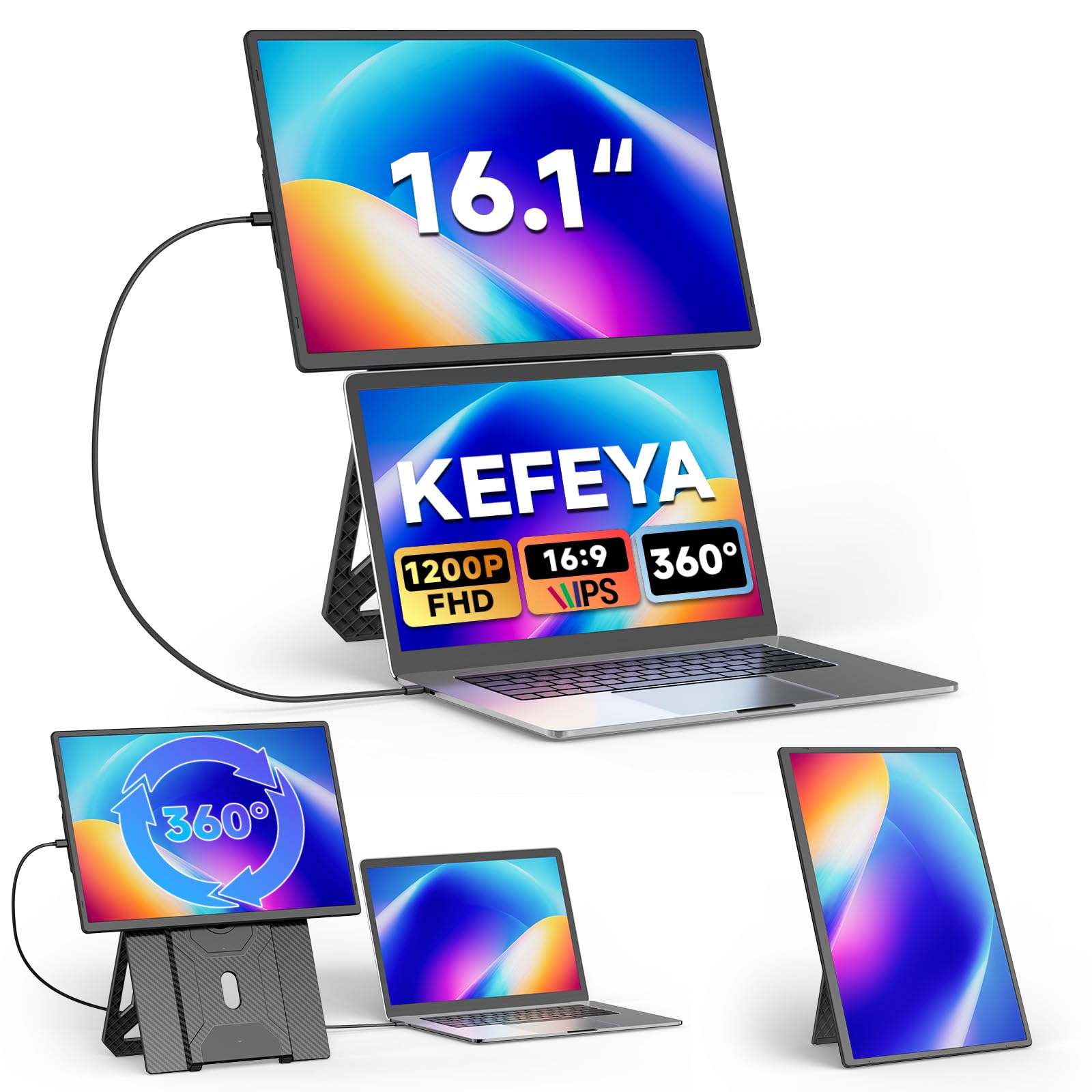 KEFEYA 16.1” Monitor Portatile per Laptop, FHD 1200P IPS Doppio Schermo PC Portatile HDMI/USB-A/Type-C Plug and Play, Ruotabile a 360°Portable Monitor compatibile con Windows/Mac