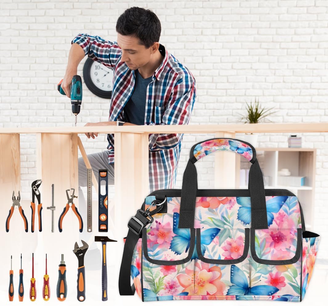Colorful Butterfly Flowers Tool Bag with Multi-Pockets Wide Mouth Tool Tote Bag for Women and Men Waterproof Tool Organizer Storage Bag with Adjustable Shoulder Strap and Ergonomic Handle