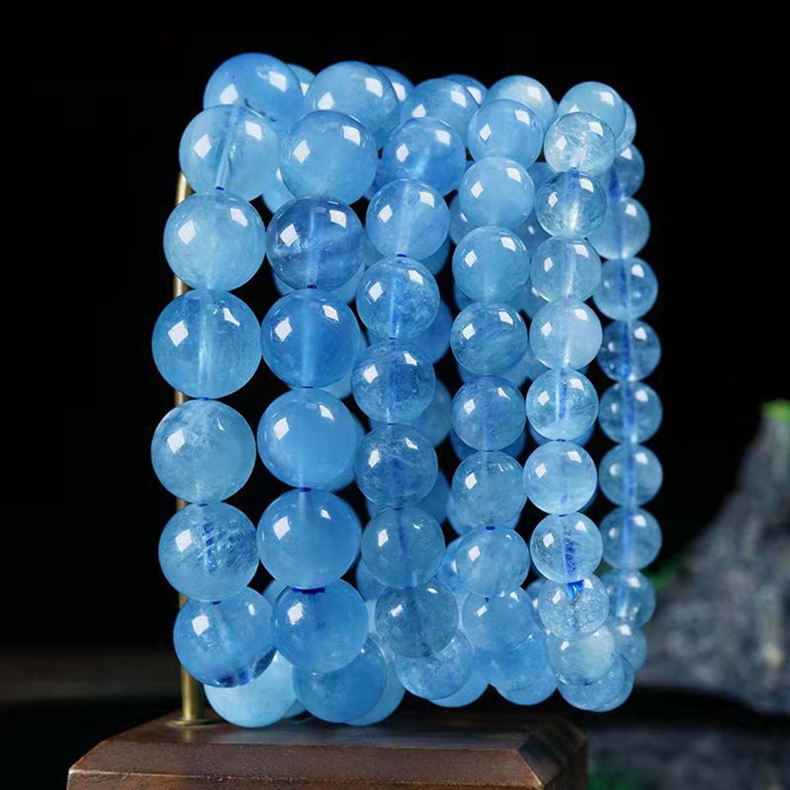 Pulsera de Aguamarina para Mujer, Pulsera elástica de Piedra auténtica para energía Tranquila y comunicación, joyería de Cristal Natural para claridad, Serenidad, energía Positiva,14MM