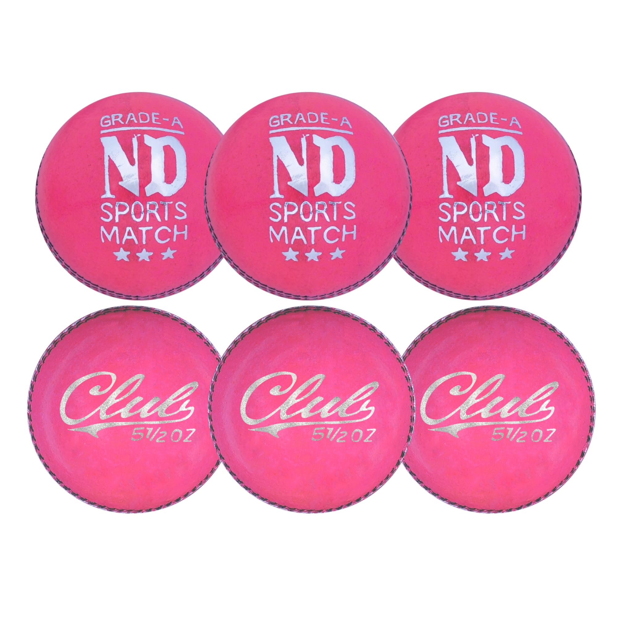 ND Sports Premium Leather Cricket Balls - Grade-A Match Ball for Professional & Practice Club Cricket - Hand-Stitched (6-Pink, Senior)