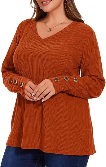 MONNURO Womens Plus Size Tops V Neck Long Sleeve Button Lightweight Tunic Sweaters Shirts Loose Fit